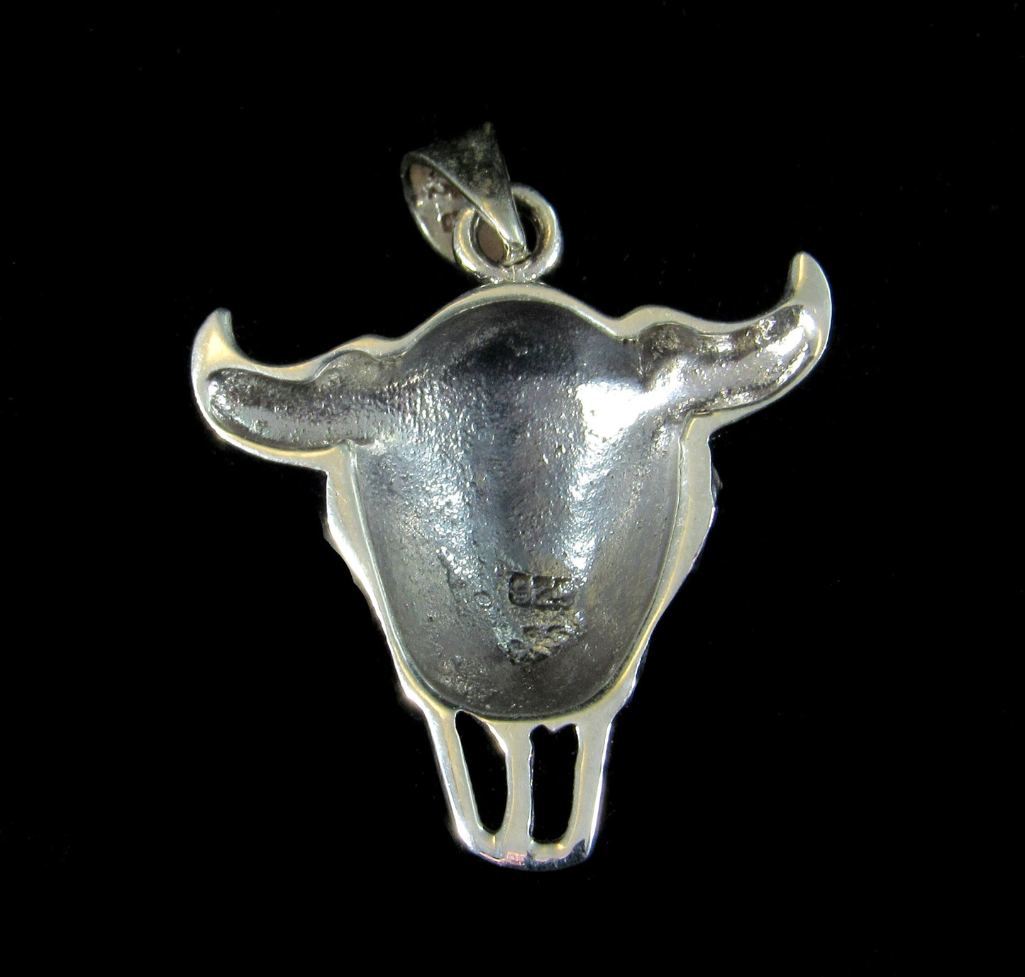 Handcrafted Solid 925 Sterling Silver Bull Skull Skeleton Pendant With Black Onyx Cabochon Gemstone, Bone Magick, Animal Magic
