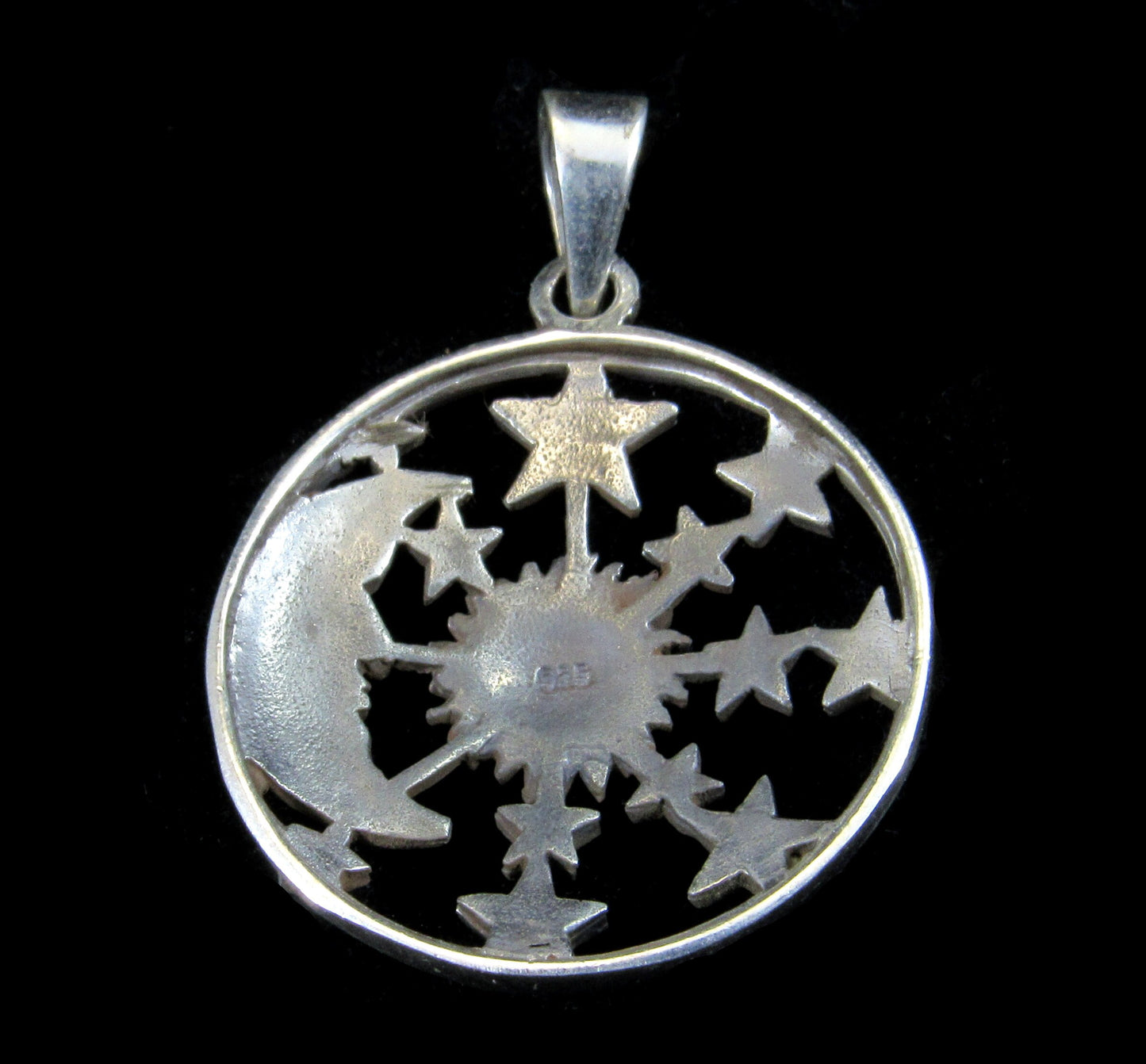Handcrafted Solid 925 Sterling Silver Waxing Crescent Moon, Sun, and 12 Stars Pendant Celestial Amulet