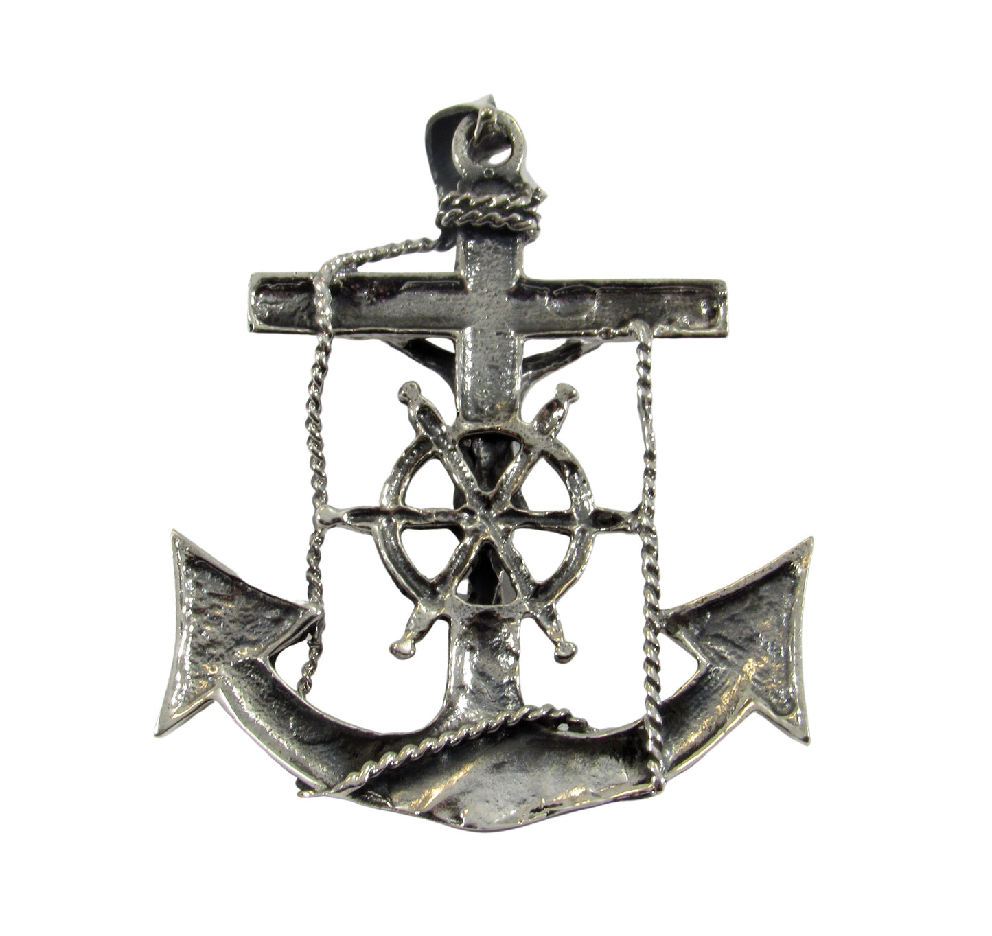 Solid 925 Sterling Silver Anchor Crucifix Pendant – Nautical Necklace Pendant, Jesus on Cross with Ship Helm, Faith & Maritime Jewelry