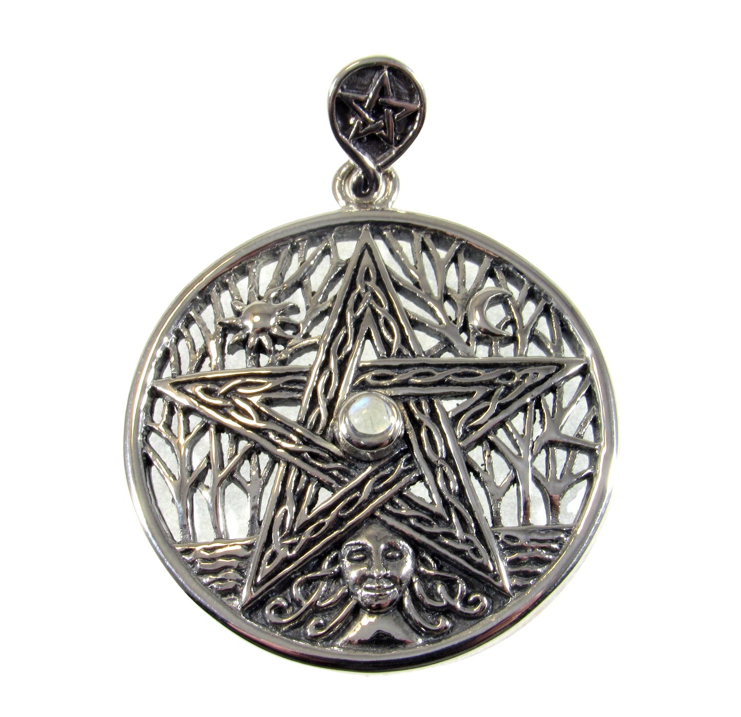 Solid 925 Sterling Silver Tree of Life Goddess Pentacle With Garnet, Amethyst, or Moonstone, Sun & Moon Amulet, Wiccan Pagan Magick Talisman