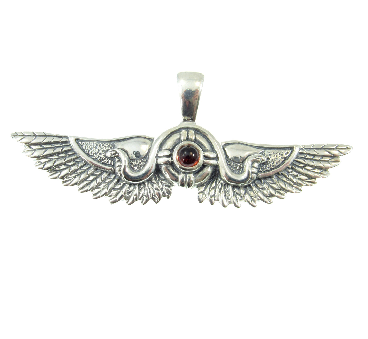 Solid 925 Sterling Silver Egyptian Outspread Falcon Wings Pendant, 2 Serpents and genuine gemstone sun disc, amethyst, garnet, or blue topaz