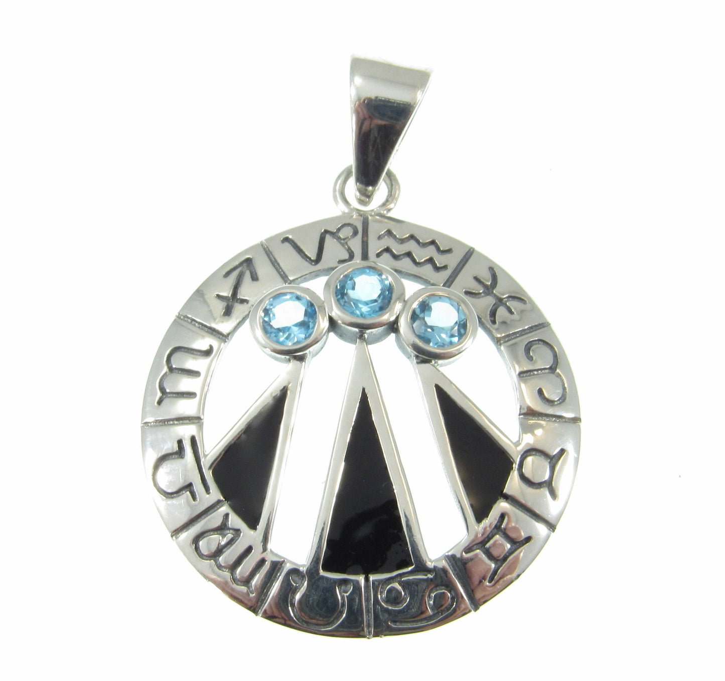 Solid 925 Sterling Silver Zodiac Wheel With Awen The Three Rays of Light, Druid Pendant, Choose Gemstone: Amethyst, Garnet, or Topaz
