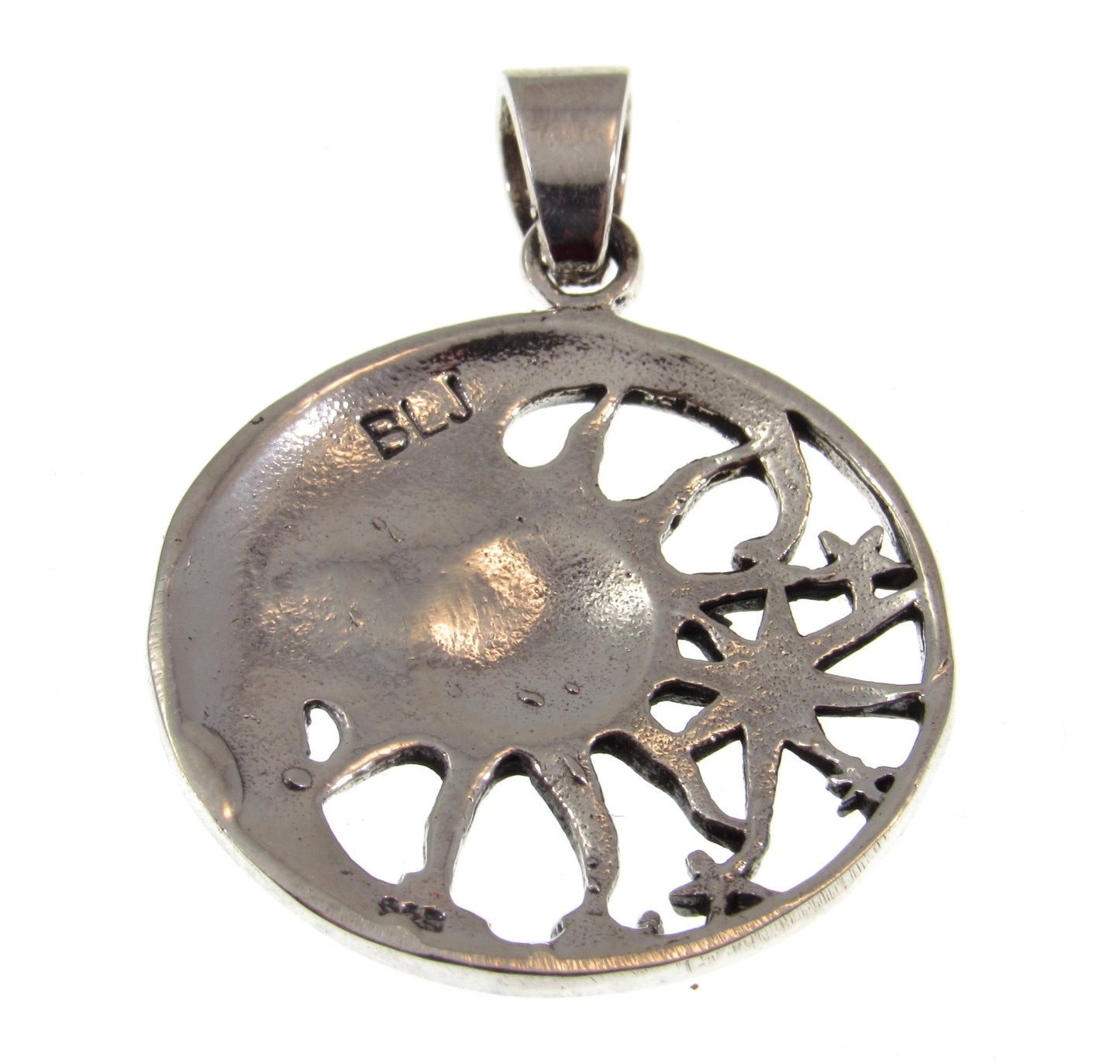 Solid 925 Sterling Silver Waxing Crescent Moon, Sun, and Stars Cosmic Celestial Pendant