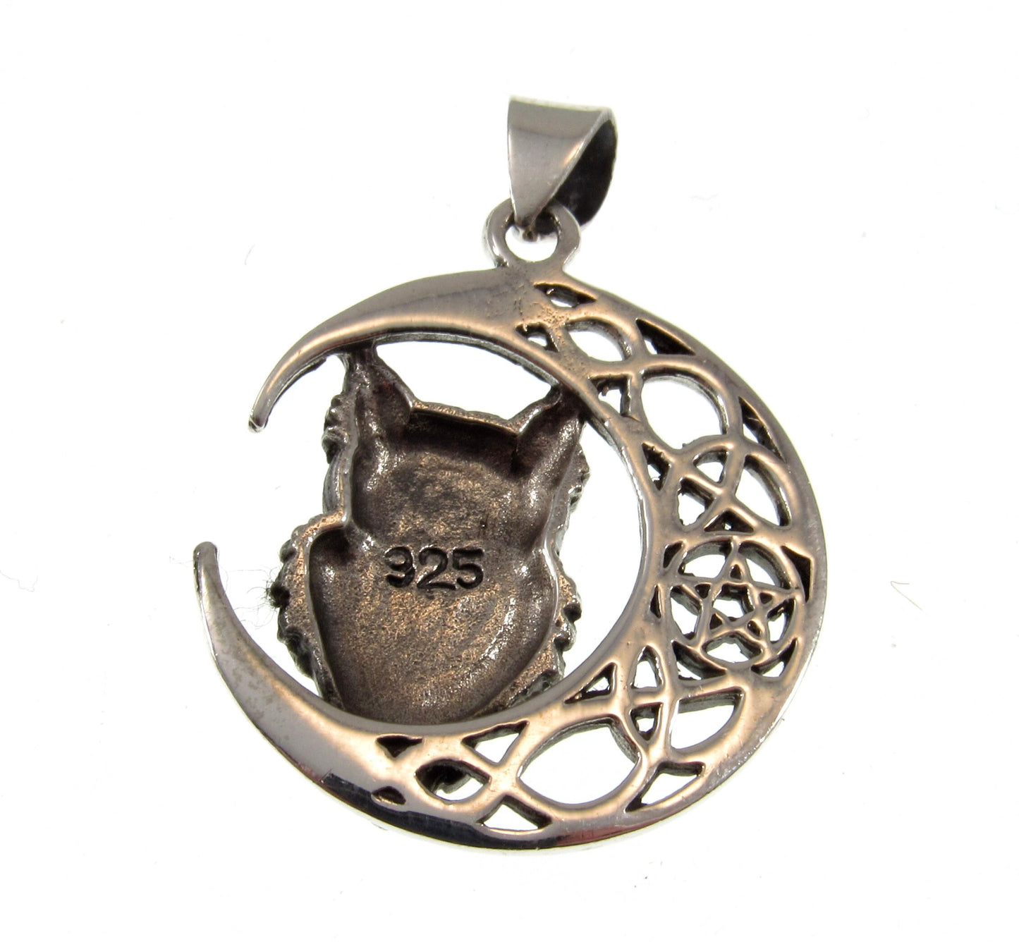 Solid 925 Sterling Silver Crescent Moon And Owl Pendant, Wiccan / Pagan Amulet With Celtic Knots & Pentagram