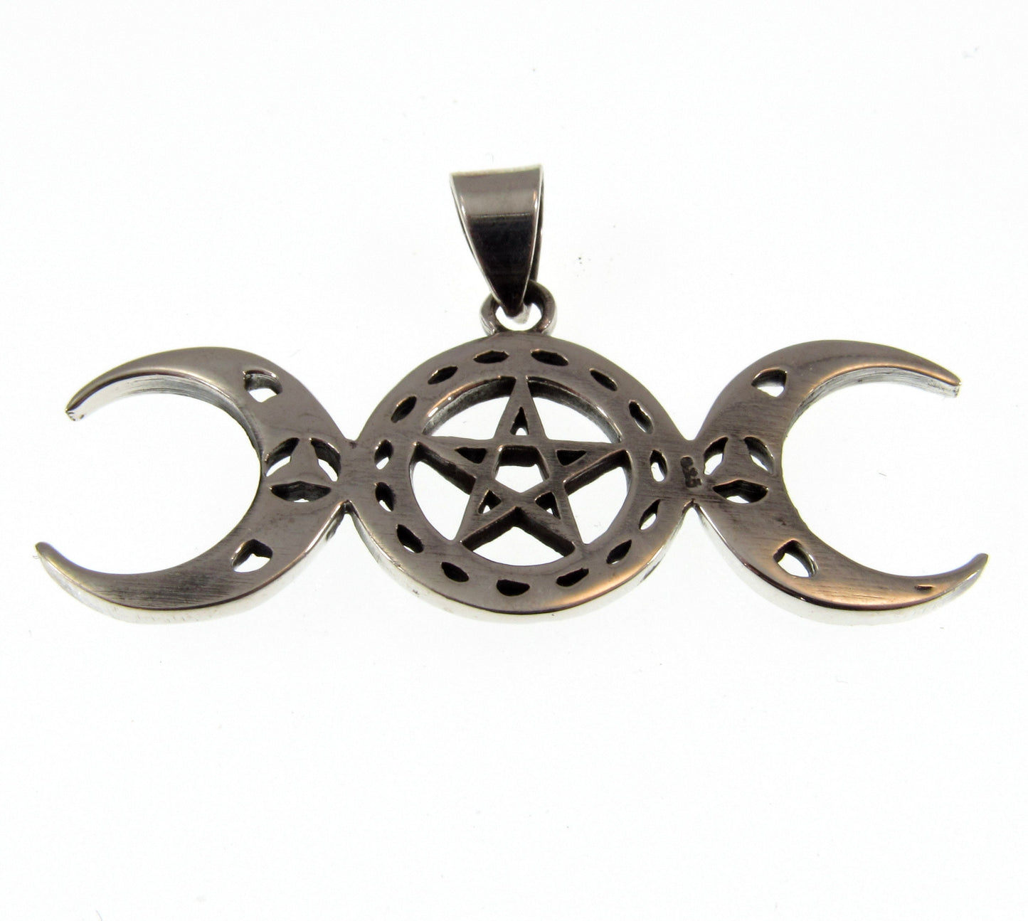 Solid 925 Sterling Silver Celtic Triple Moon Goddess Pentacle, Handcrafted Pentagram Pendant