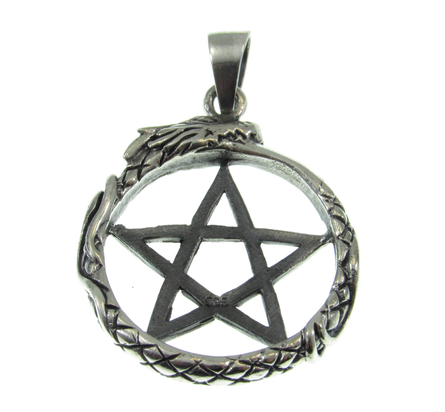 Solid 925 Sterling Silver Ouroboros Pentacle Pendant, Serpent Eating Tail Amulet, Wiccan Pagan Occult Jewelry, Mystic Protection Symbol