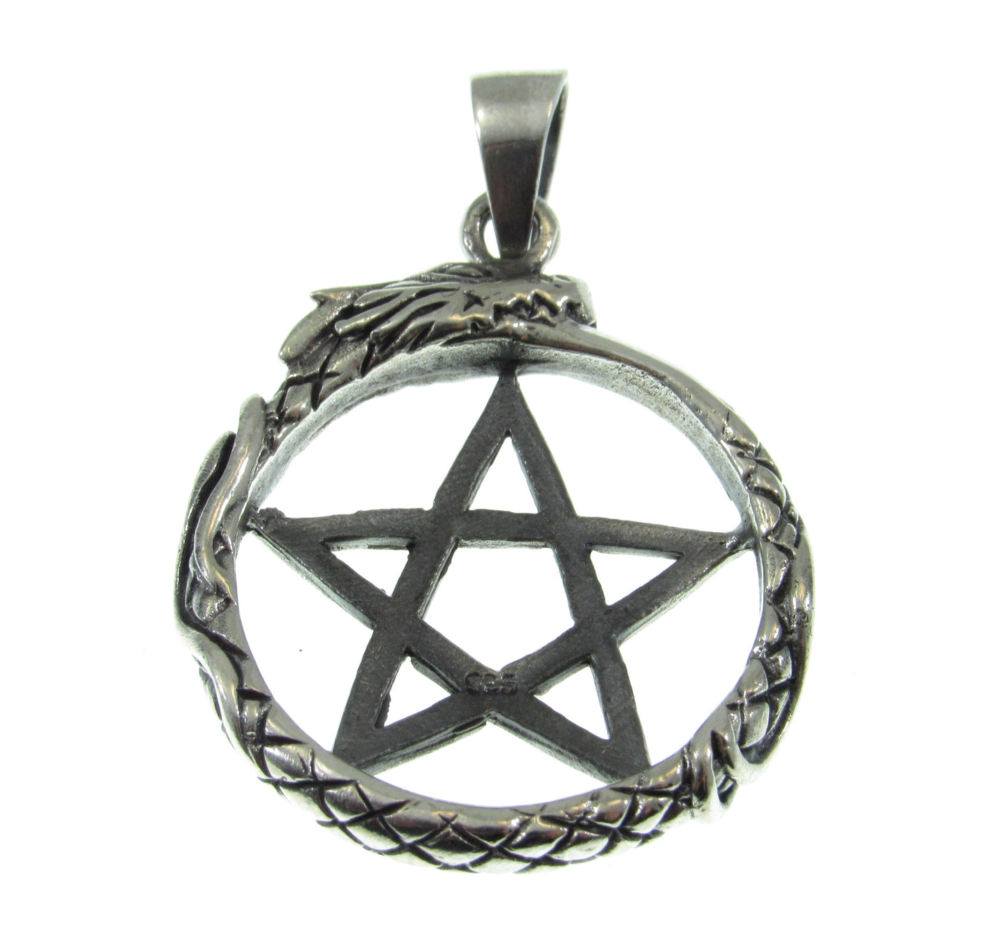 Solid 925 Sterling Silver Ouroboros Pentacle Pendant, Serpent Eating Tail Amulet, Wiccan Pagan Occult Jewelry, Mystic Protection Symbol