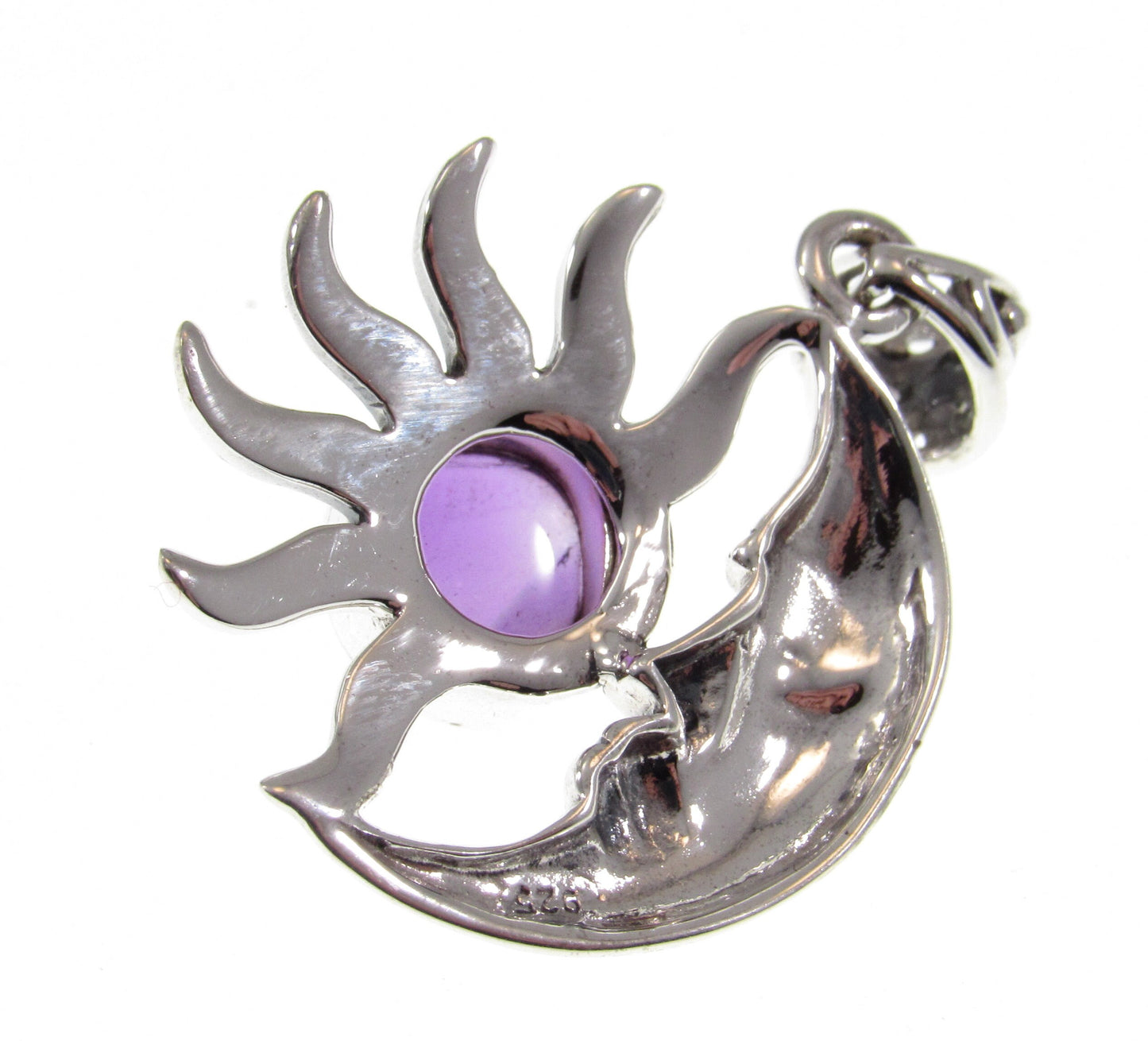Solid 925 Sterling Silver Crescent Moon & Sun Pendant With Genuine Amethyst or Labradorite Gemstone