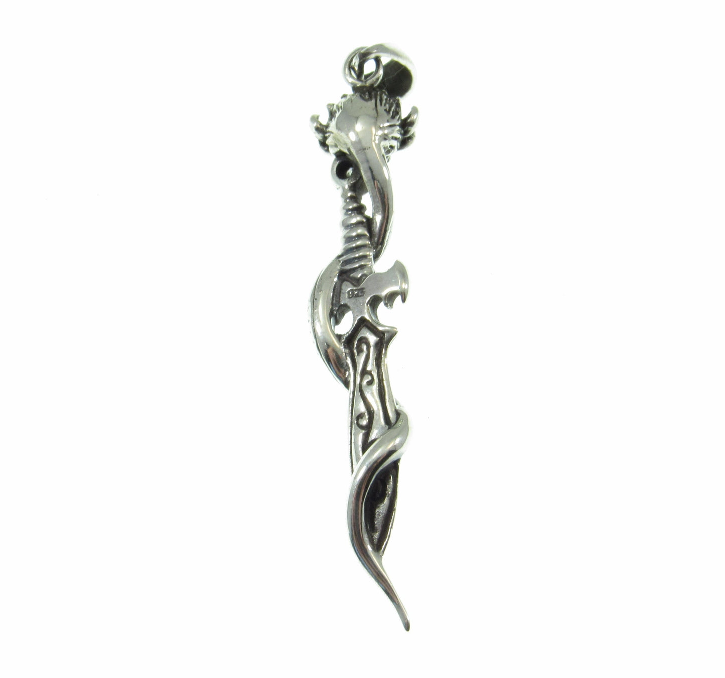Solid 925 Sterling Silver Baphomet Sword Pagan Pendant, Intertwined Snake and Dagger, Occult Jewelry w/ White Cubic Zirconia CZ Gemstone