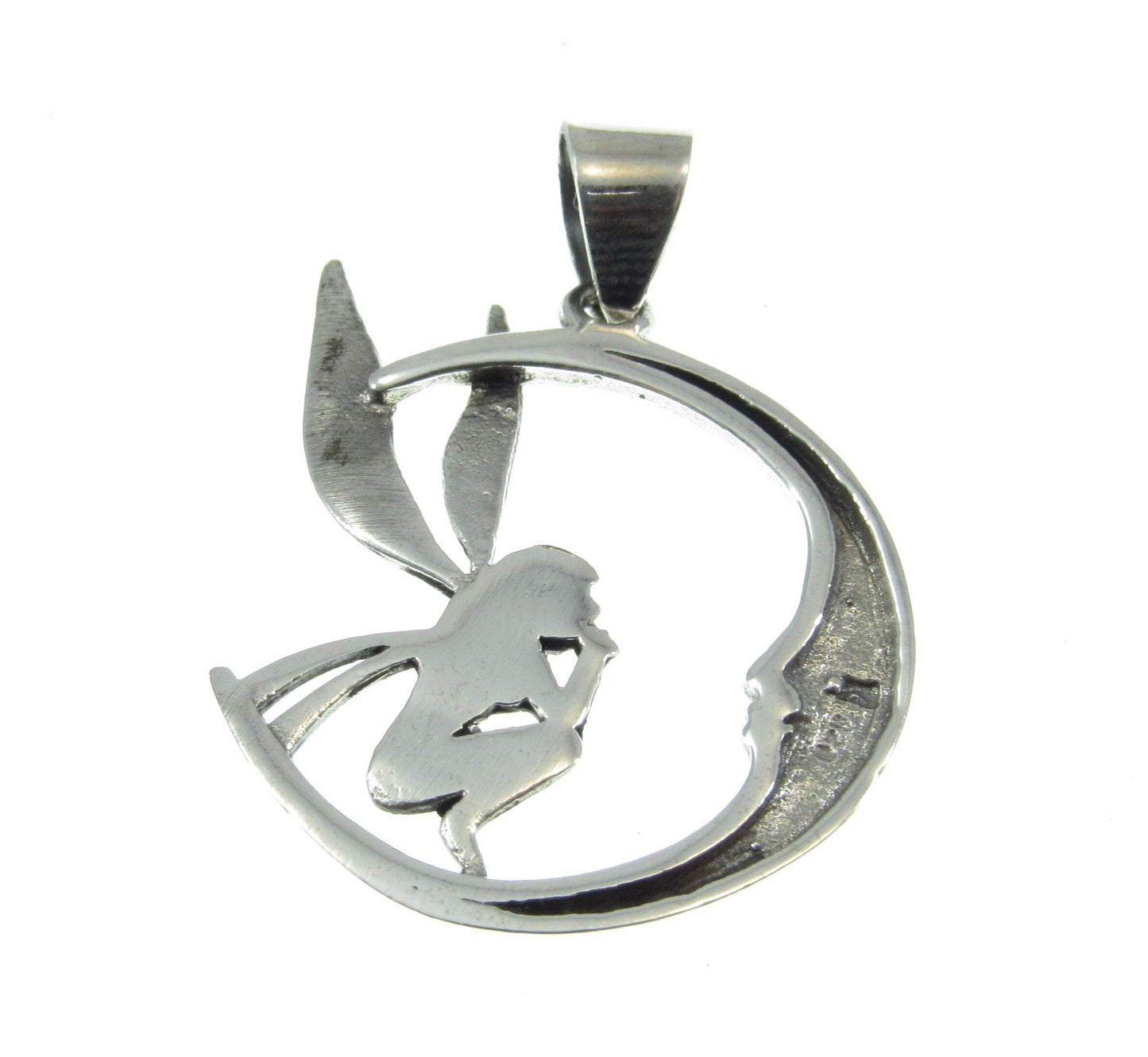 Solid 925 Sterling Silver Fairy Moon Pendant – Crescent Moon Necklace Charm, Fantasy Jewelry, Mystical Fairy Charm, Fairycore Amulet