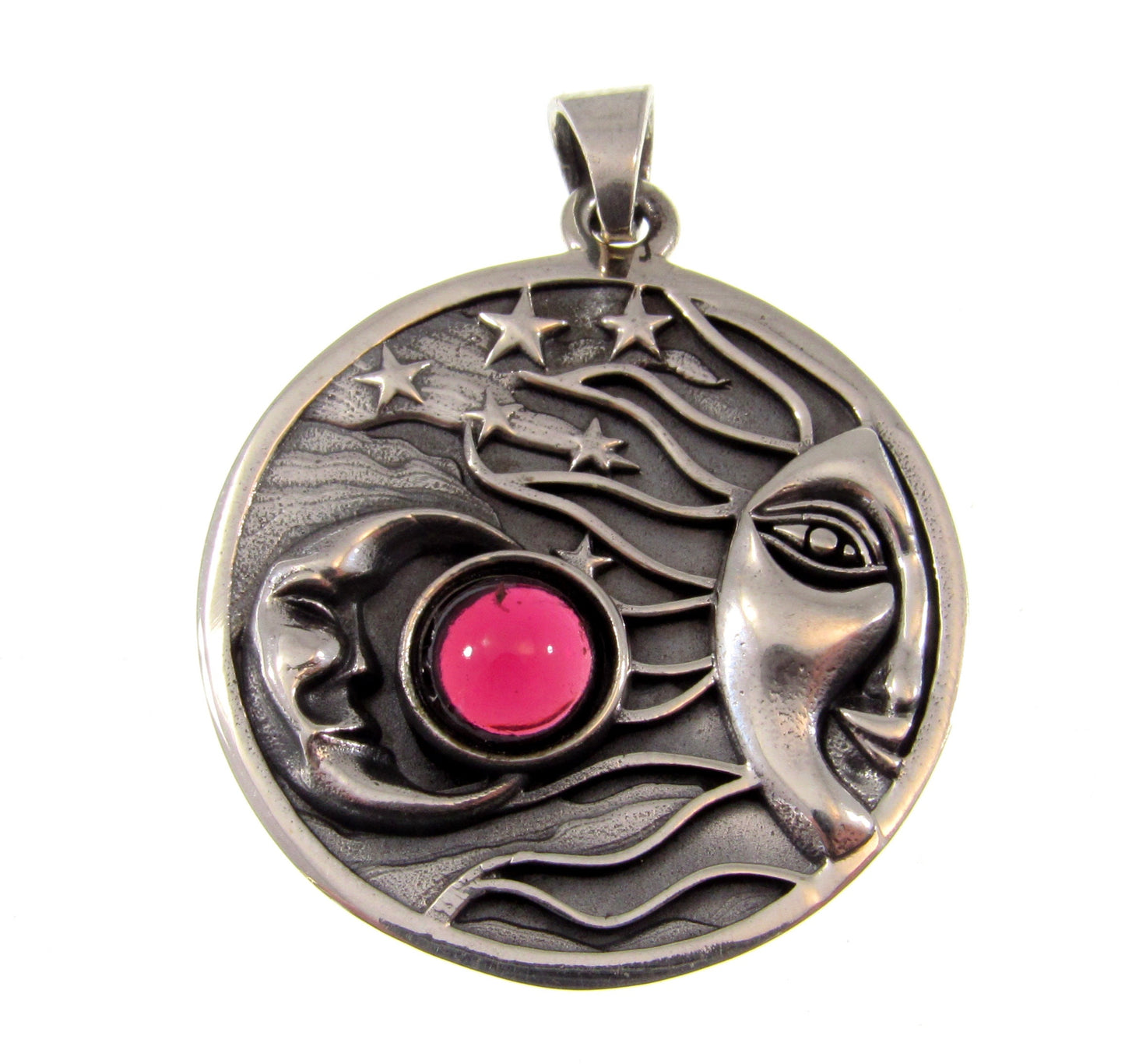 Solid 925 Sterling Silver Large Sun, Moon, & Stars Pendant With Genuine Gemstone Cabochon, Celestial Amulet