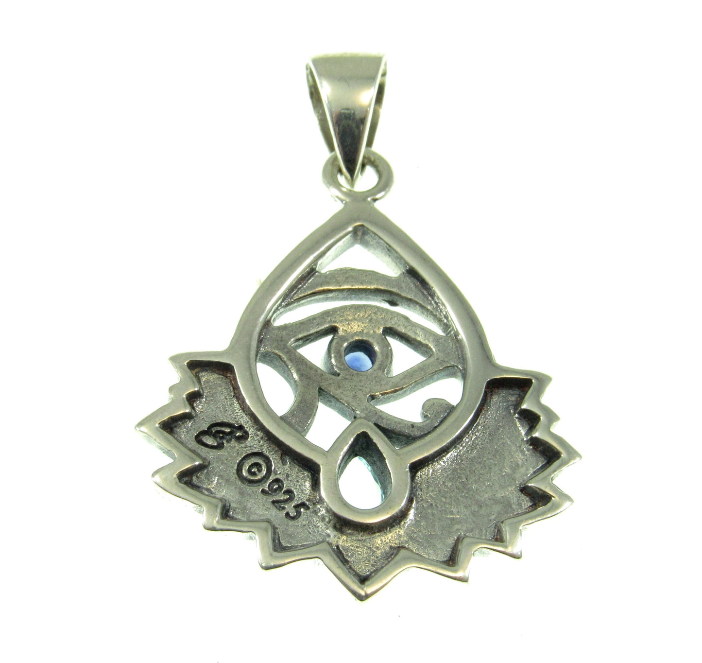 Solid 925 Sterling Silver Eye of Horus Lotus Flower Pendant With Genuine Blue Topaz and Synthetic Sapphire Gemstones