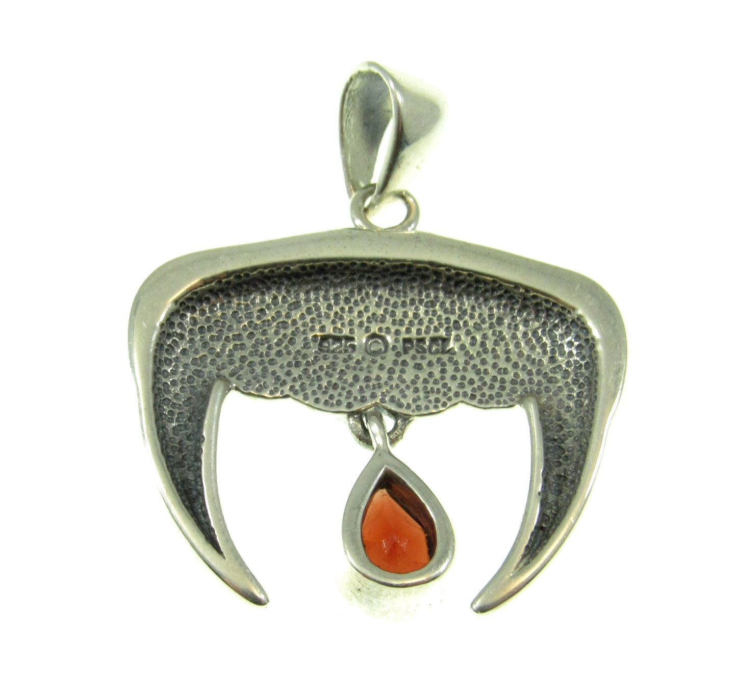 Solid 925 Sterling Silver Vampire Teeth and Blood Drop Pendant with Genuine Garnet Gemstone