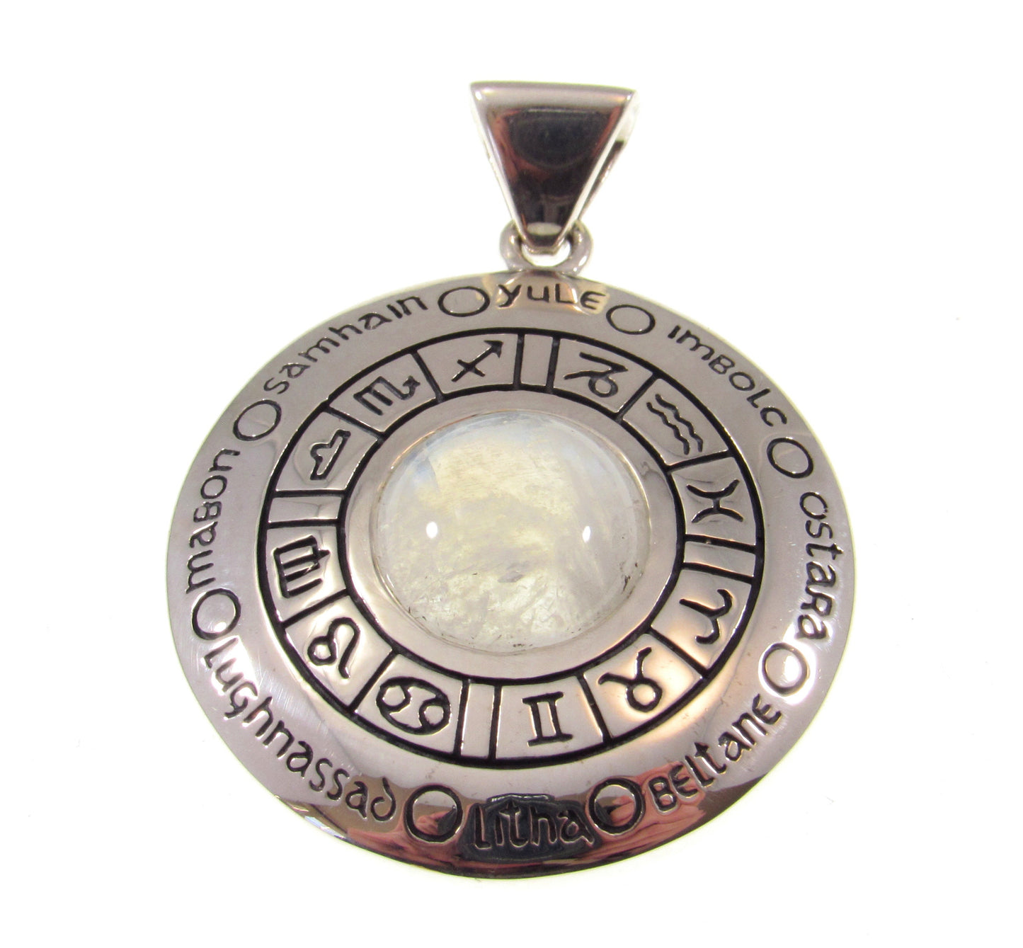 Solid 925 Sterling Silver Wheel of the Year Pendant With Amethyst or Moonstone Gemstones, 12 Zodiac Symbols, Pagan Celebration Amulet