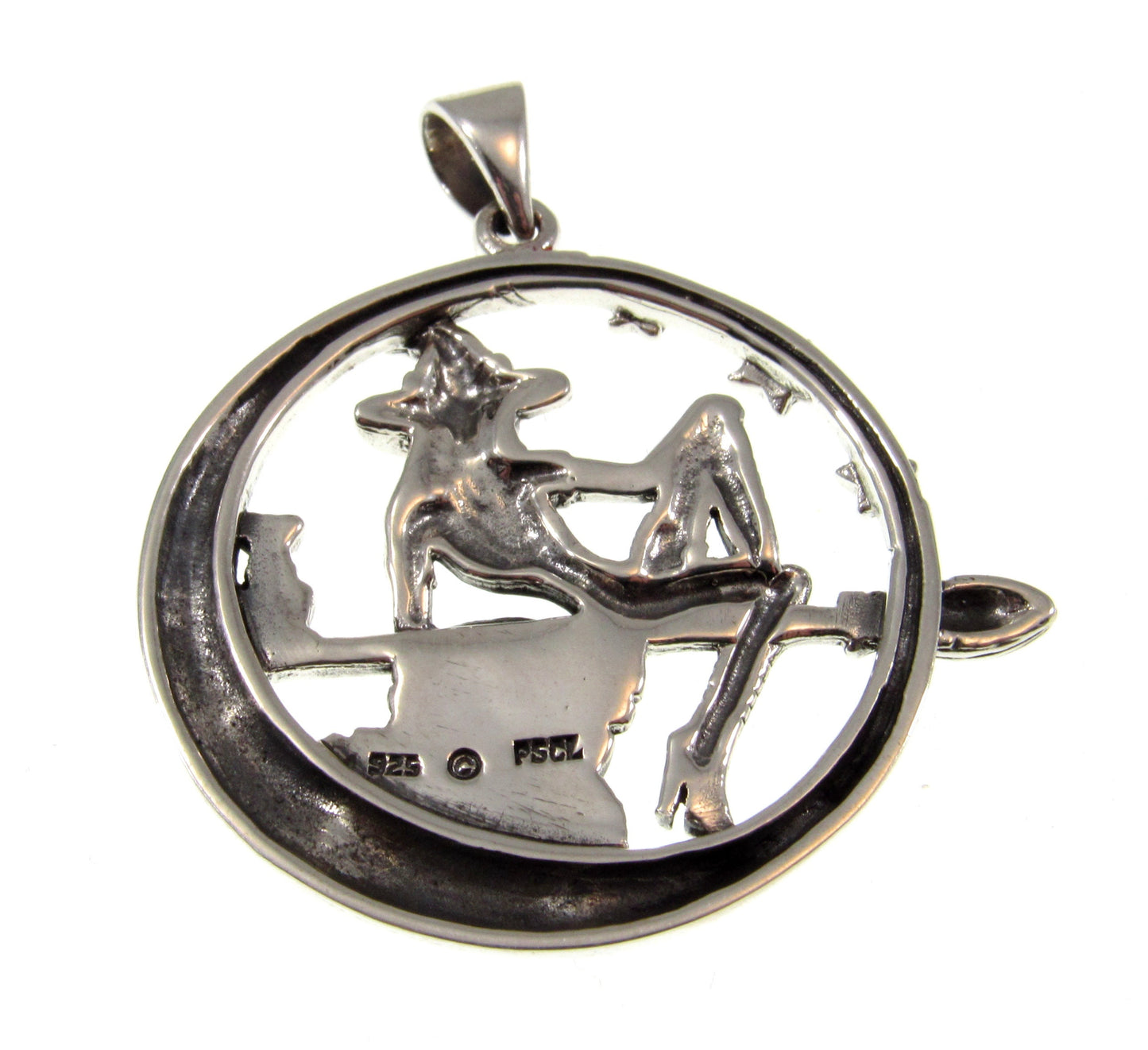 925 Sterling Silver Salem Witch on Broom with Black Cat Pendant – "Love Me Love My Broom"