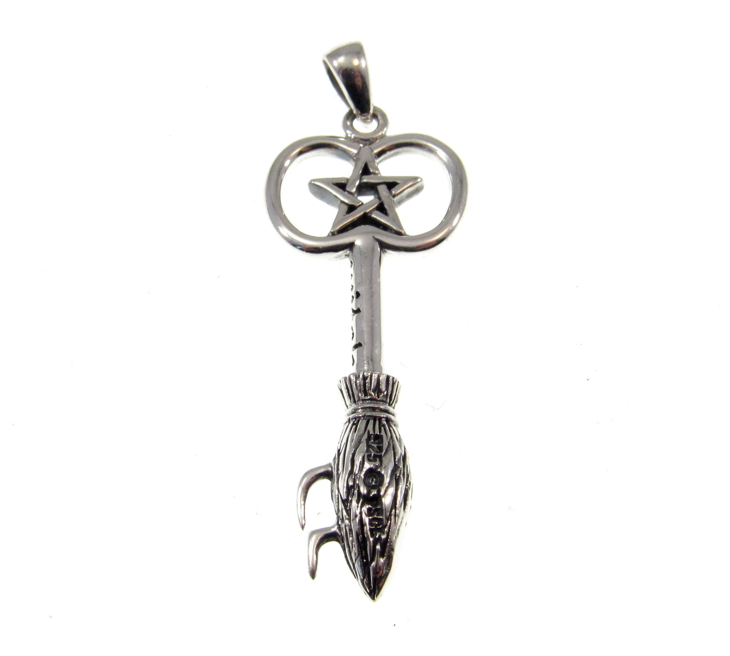 Solid 925 Sterling Silver Witches Broom with Pentacle Enscribed Pendant, Magic Witchcraft Amulet