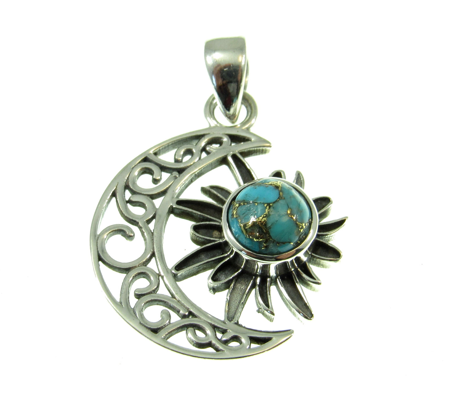 Solid 925 Sterling Silver Crescent Moon & Sun Pendant With Gemstone, Amethyst, Citrine, Garnet, or Turquoise