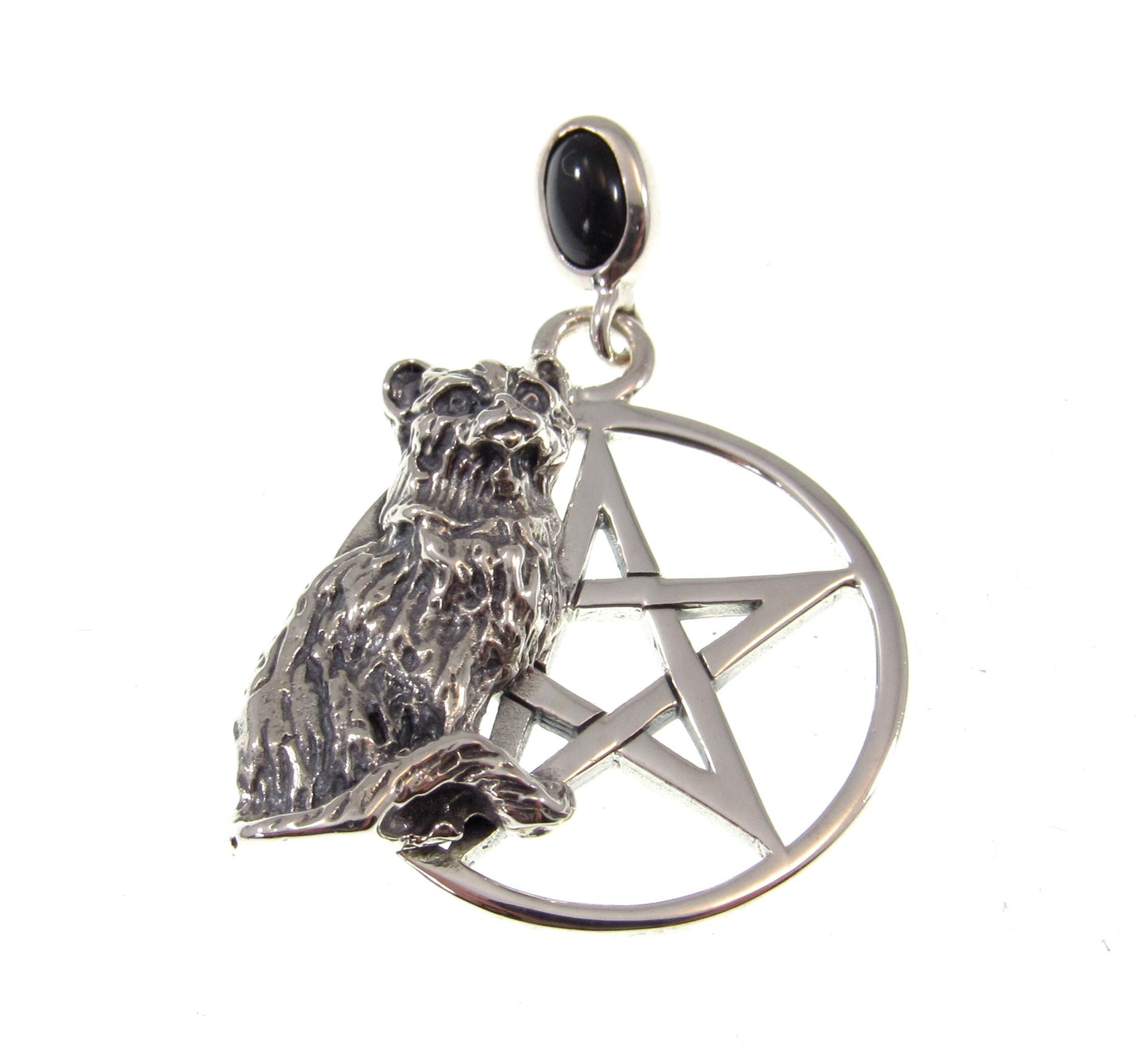 Solid 925 Sterling Silver Cat Familiar Pentacle Pendant With Gemstone: Garnet, Moonstone, Obsidian, or Peridot, Feline Pentagram