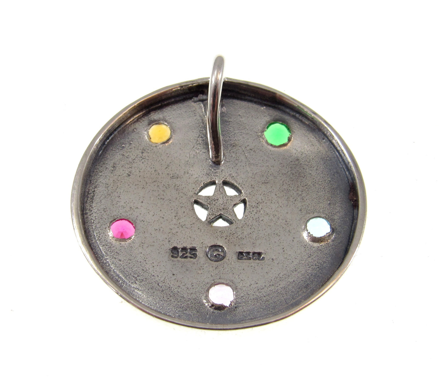 Solid 925 Sterling Silver Elemental Pentacle Disc Pendant With Colorful Gemstones, Powerful Wiccan Amulet