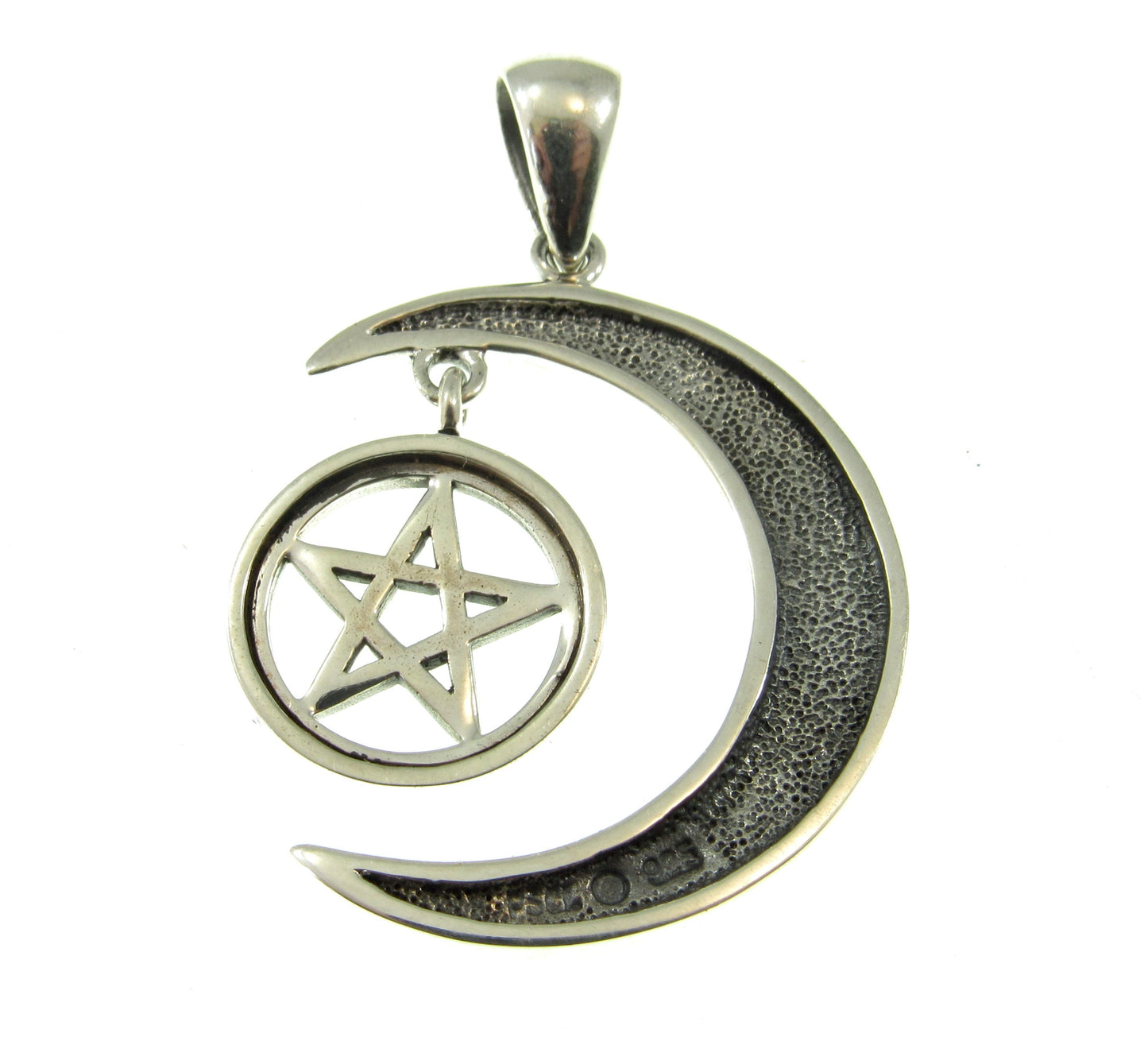 Solid 925 Sterling Silver Pentacle Hanging on Celtic Crescent Moon Pendant, Star Crescent Pagan Amulet, Feminine Power Jewelry