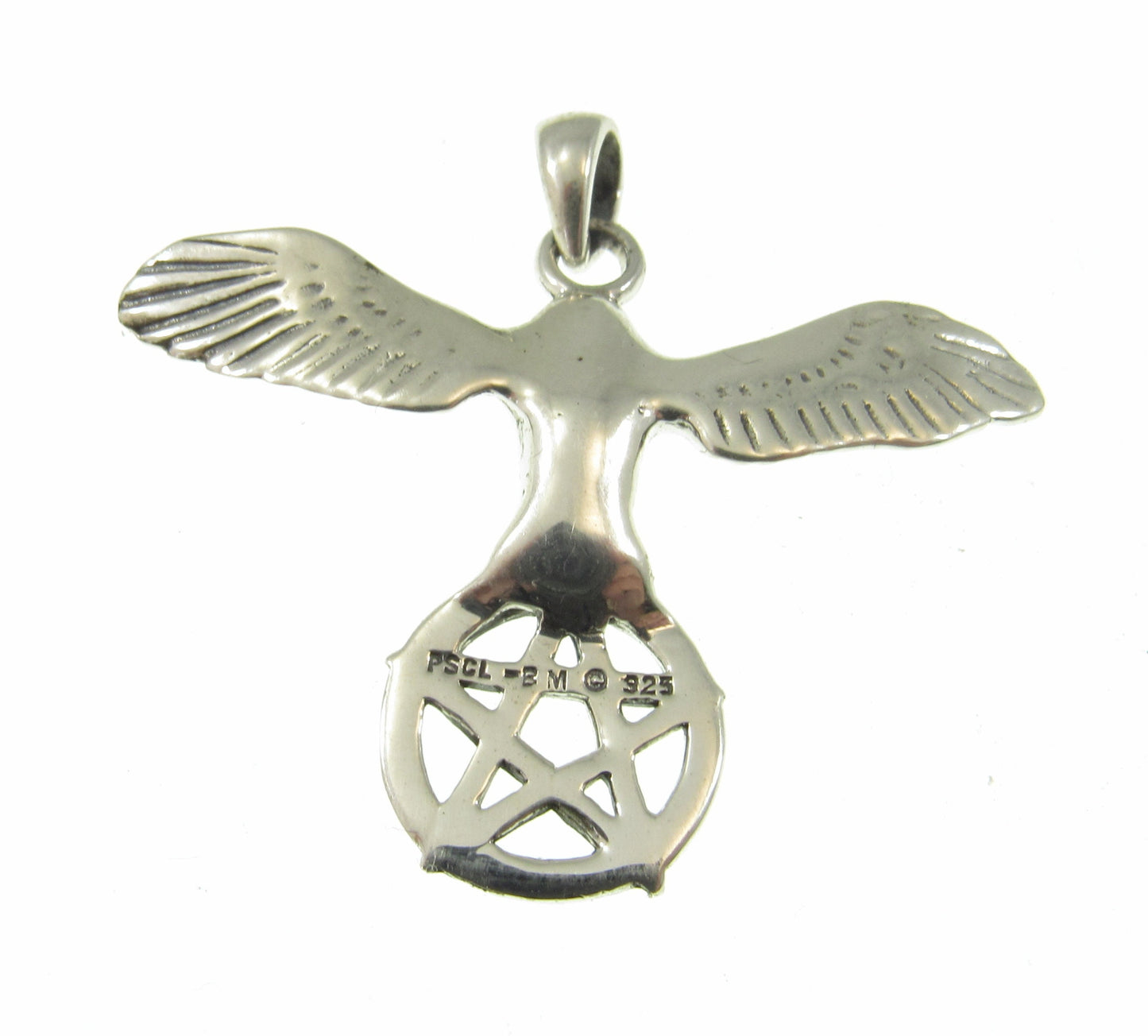 Solid 925 Sterling Silver Flying Owl with Pentacle Star Pendant, Pagan Wicca Amulet
