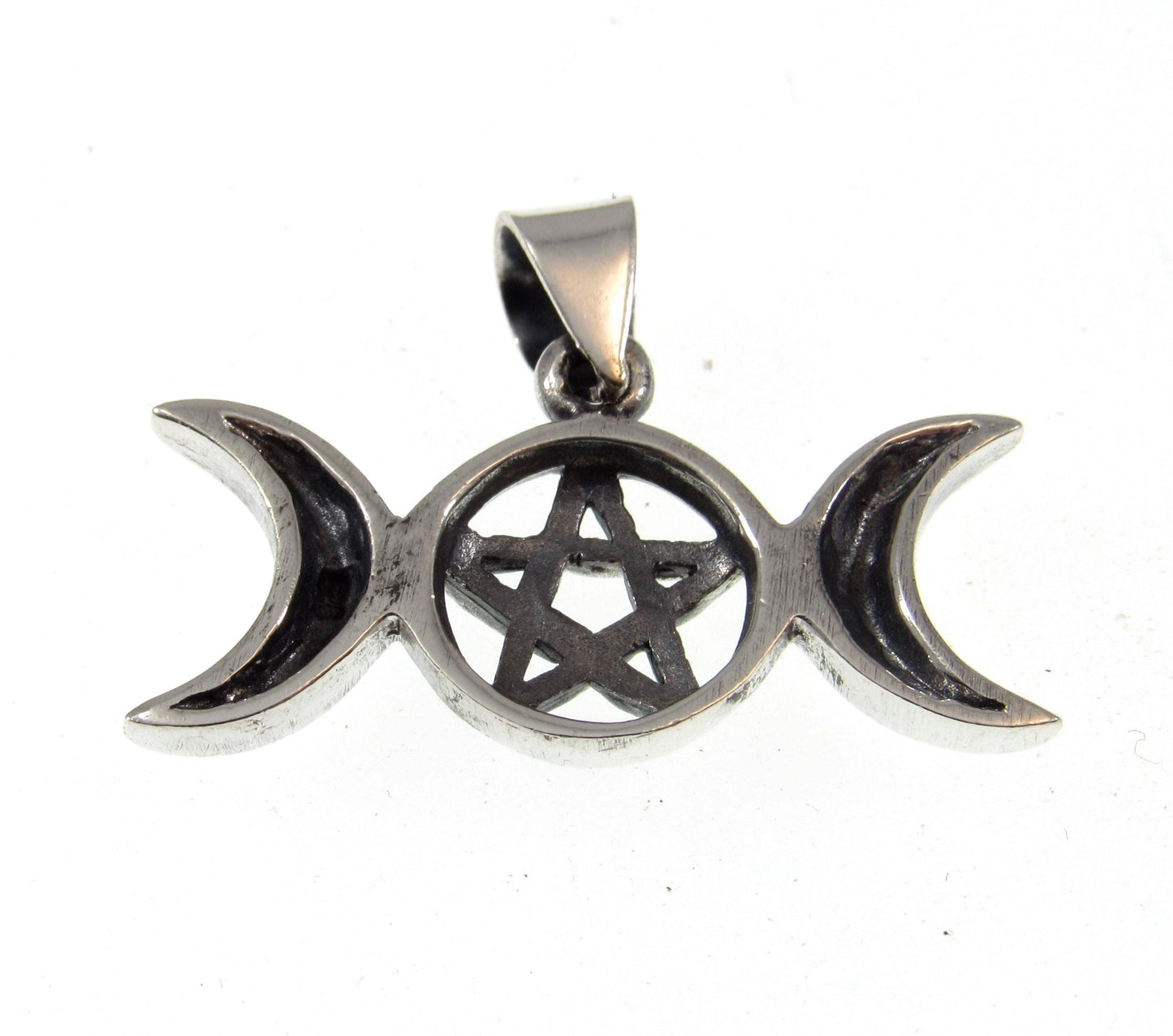 Solid 925 Sterling Silver Triple Moon Goddess Pendant with Pentagram – Moon Phases Pentacle