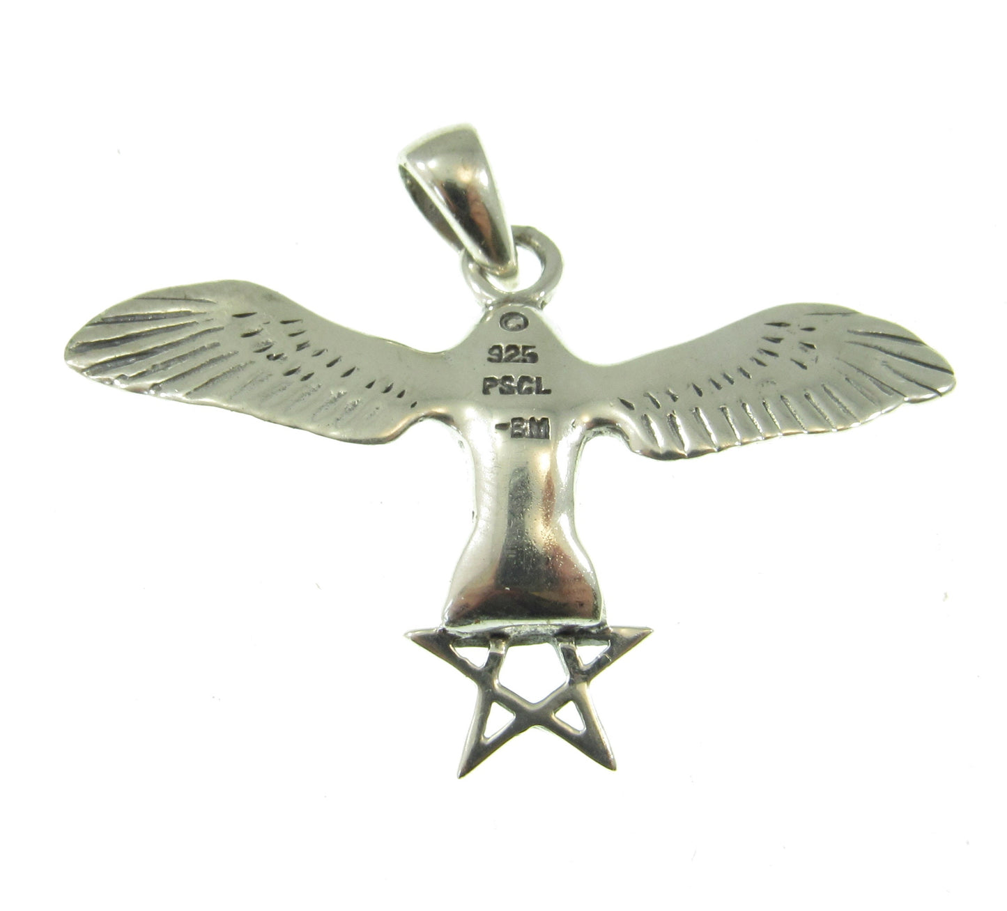 Solid 925 Sterling Silver Flying Owl with The Pentagram Star & Triangle Pendant, Pagan Wicca Amulet