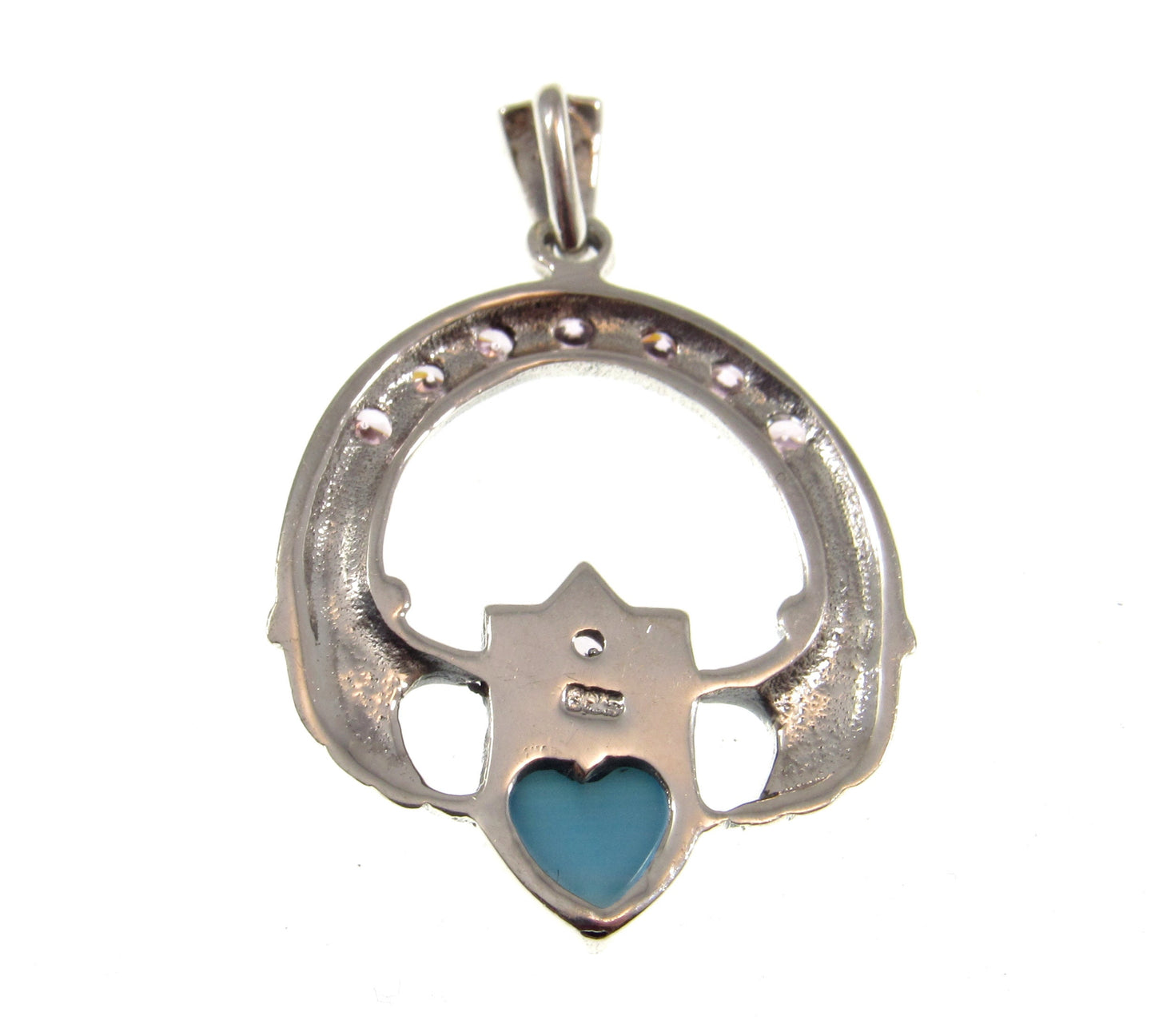 Solid 925 Sterling Silver Irish Claddagh Knot Pendant With Marcasite, Pink CZs and Cat's Eye Quartz Gemstones