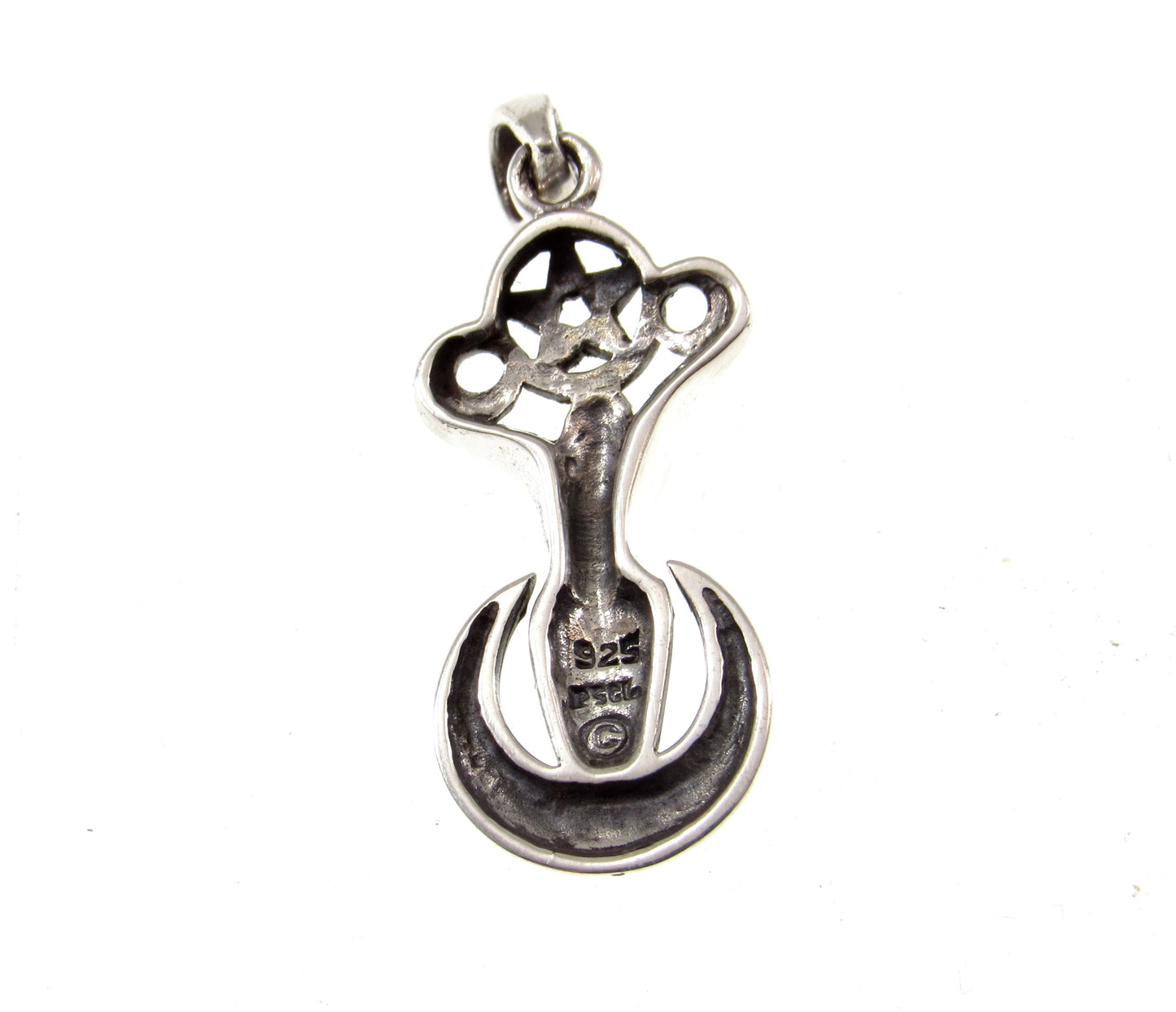 Solid 925 Sterling Silver Pagan Goddess of the Spirits Pendant, Magical Wiccan Goddess on Crescent Moon Pentacle Jewelry