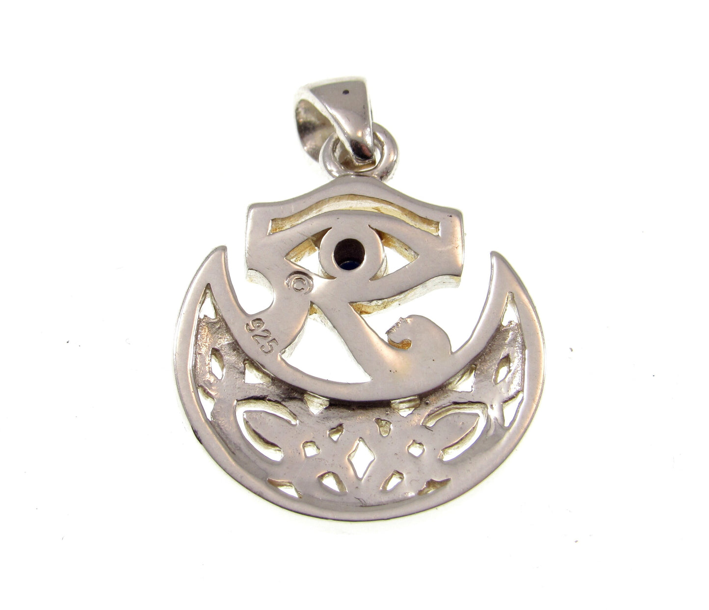 Solid 925 Sterling Silver Eye of Horus Pendant, Crescent Half Moon Charm, Celtic Knots and Lapis Lazuli Gem, Handcrafted Egyptian Jewelry