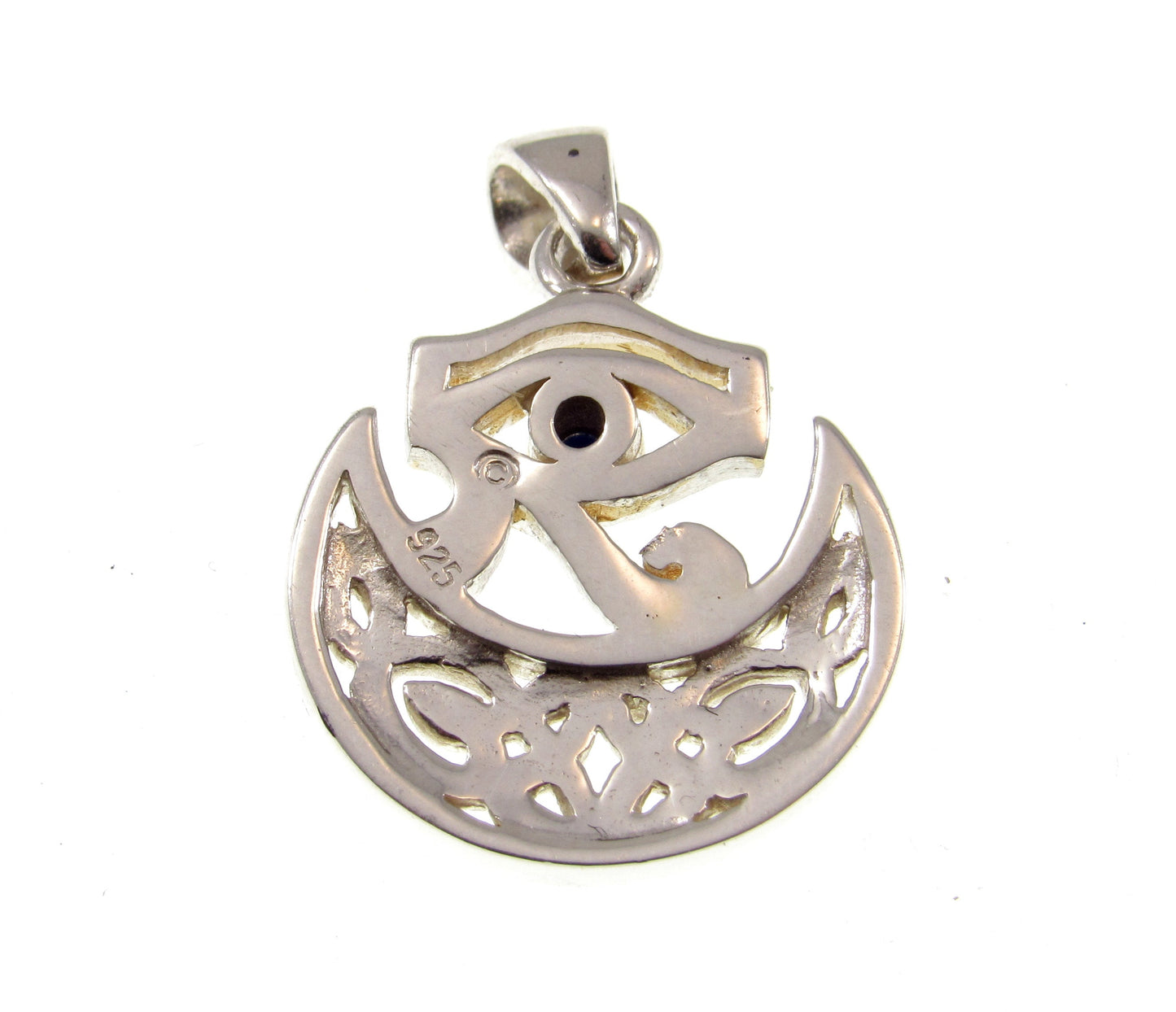 Solid 925 Sterling Silver Eye of Horus Pendant, Crescent Half Moon Charm, Celtic Knots and Lapis Lazuli Gem, Handcrafted Egyptian Jewelry