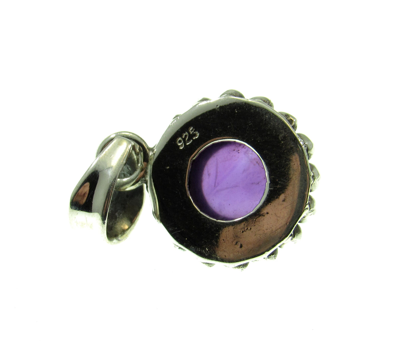 Solid 925 Sterling Silver Round Amethyst Pendant, Handcrafted Small Drop Charm, Deep Purple Cabochon Gemstone, Beaded Balinese Jewelry