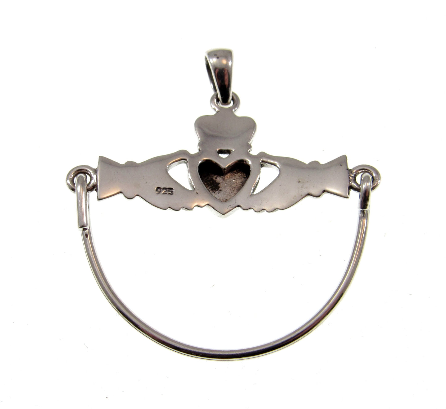 Solid 925 Sterling Silver Celtic Claddagh Heart Charm Holder / Hanger Carrier Pendant, Irish Symbol of Love, Loyalty, and Friendship