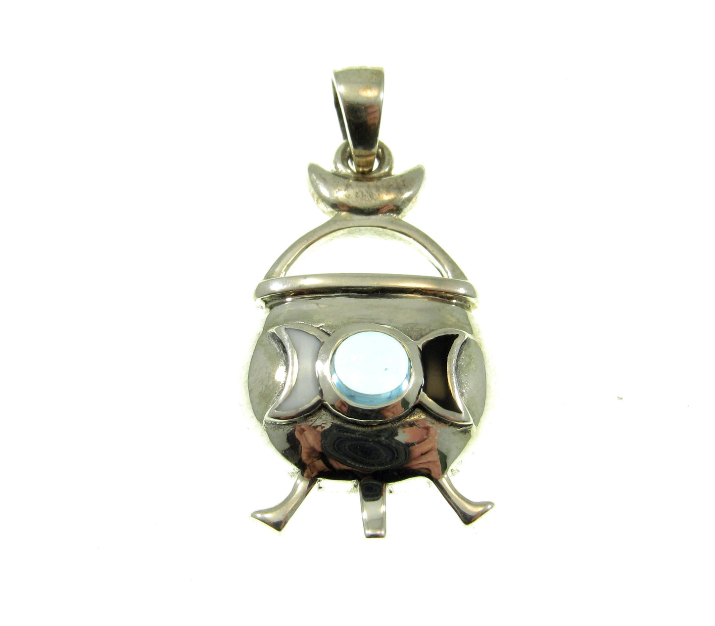 Solid 925 Sterling Silver Magickal Witch's Cauldron Pendant, Choose Gemstone: Amethyst, Garnet, Moonstone, or Blue Topaz