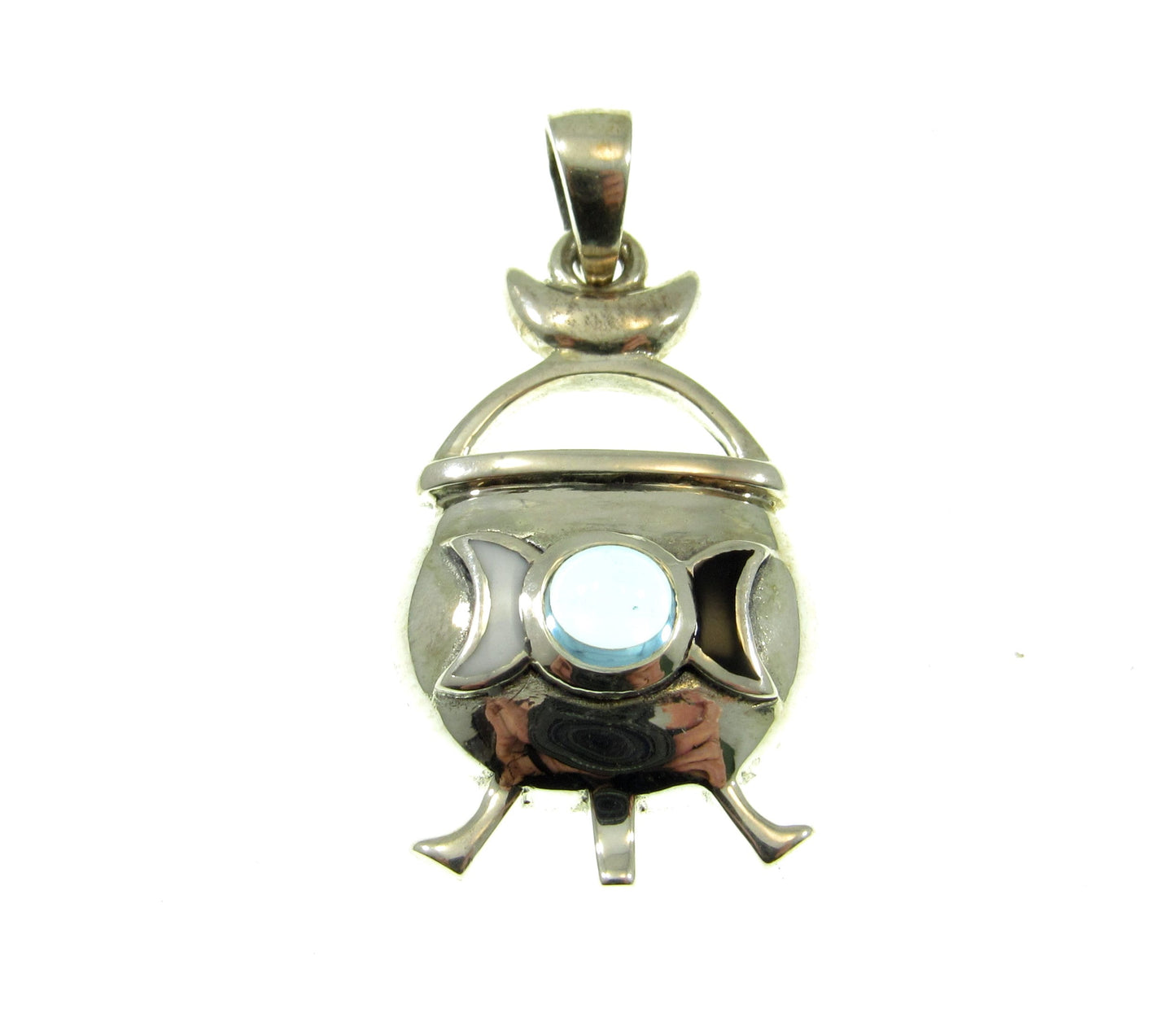 Solid 925 Sterling Silver Witch Cauldron Triple Moon Pendant, Choose Amethyst, Garnet, Moonstone, Topaz
