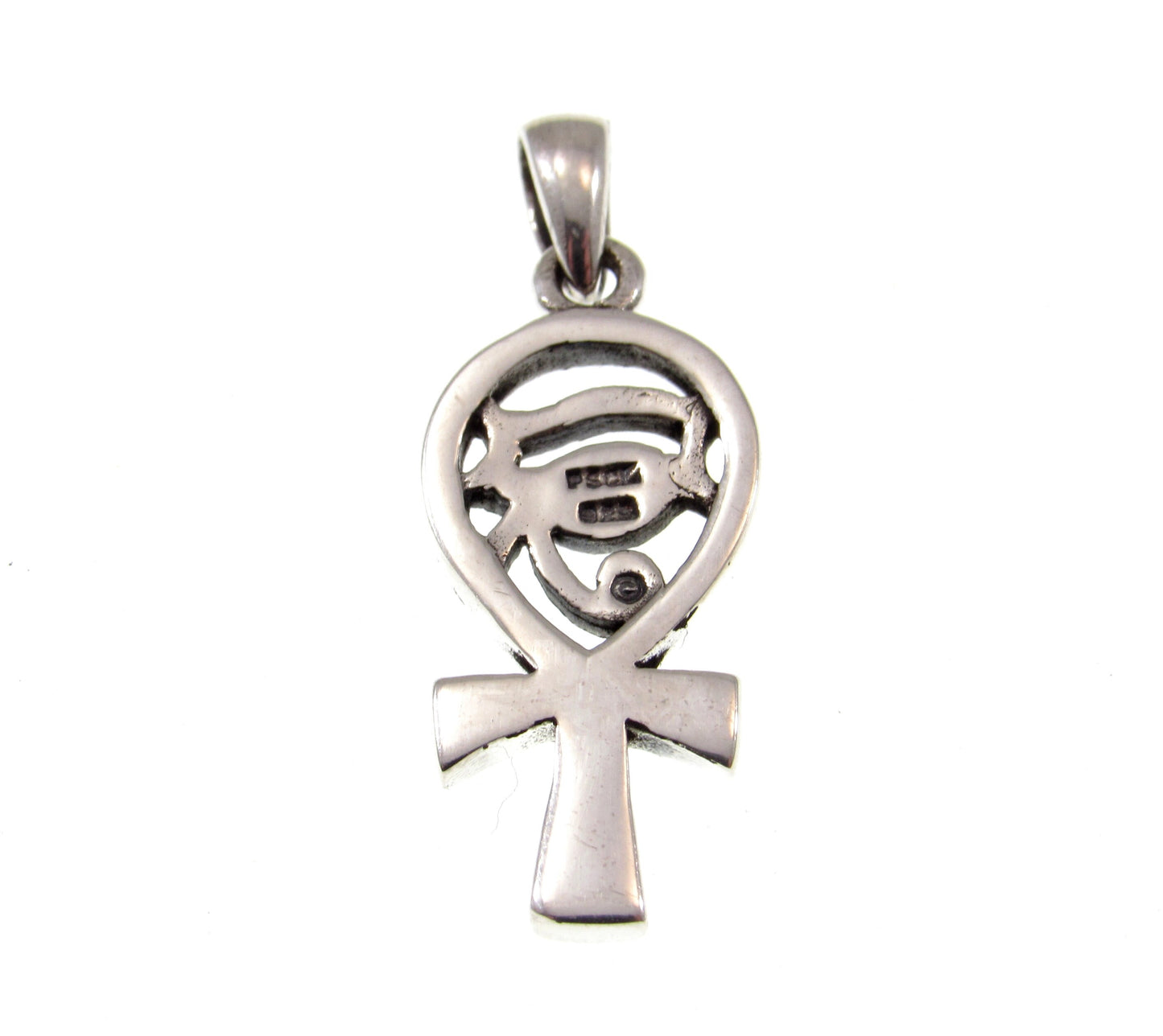 Solid 925 Sterling Silver Eye of Horus Egyptian Ankh Cross Pendant with Lapis Lazuli Gemstone