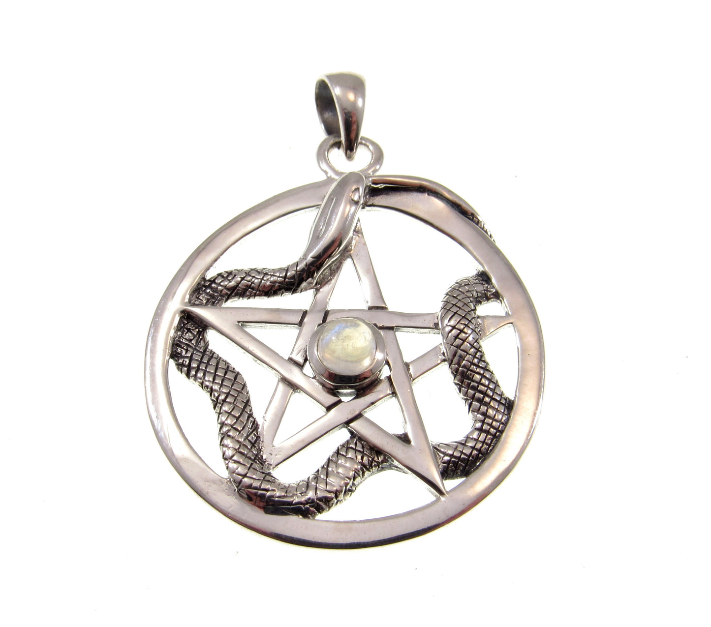 Solid 925 Sterling Silver Weaving Snake Pentacle Pentagram Pendant, Choose Gemstone: Amethyst, Red Garnet, Moonstone or Blue Topaz