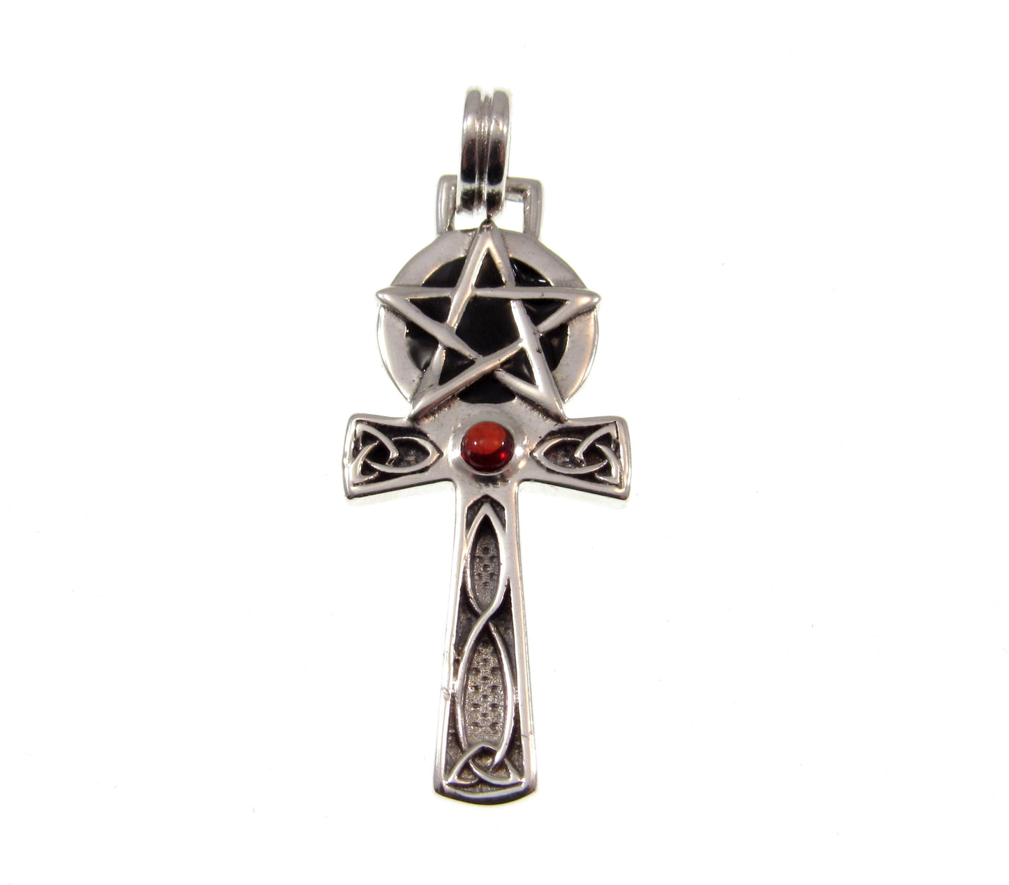 Solid 925 Sterling Silver Egyptian Ankh Pendant with Celtic Knots and Pentacle Pentagram, Choose Amethyst, Garnet, or Moonstone Gemstone