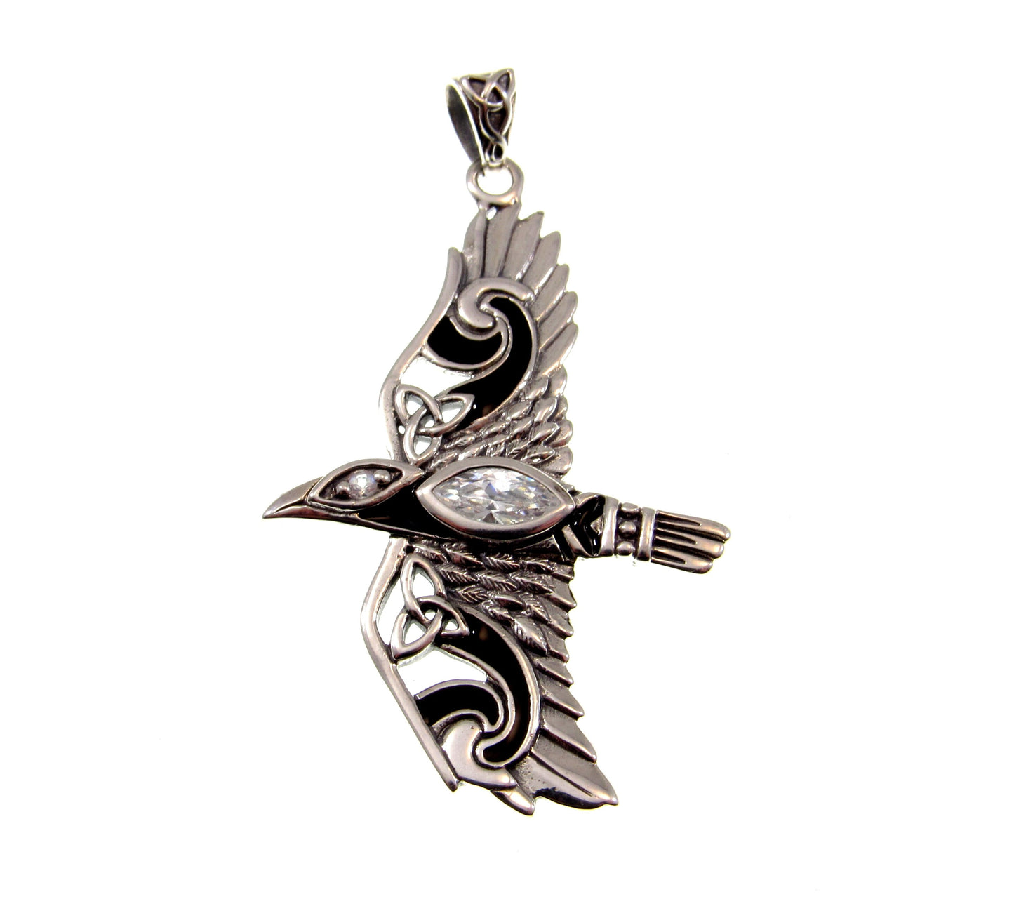 Solid 925 Sterling Silver Raven Pendant in Flight, Celtic Knot Bird with Faceted Gemstone – Amethyst Garnet Moonstone or Topaz