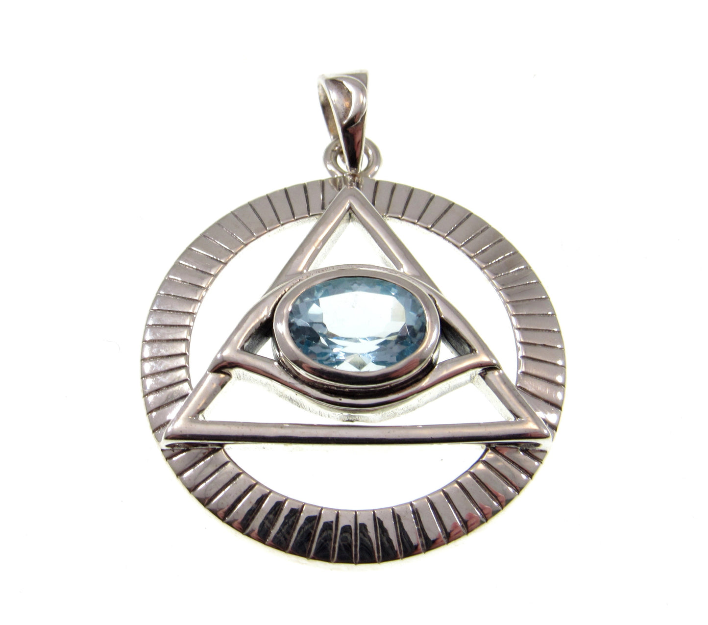 Solid 925 Sterling Silver Eye of the Egyptian Pyramid Illuminati Pendant, Choose Gemstone: Amethyst Garnet Sapphire or Bue Topaz