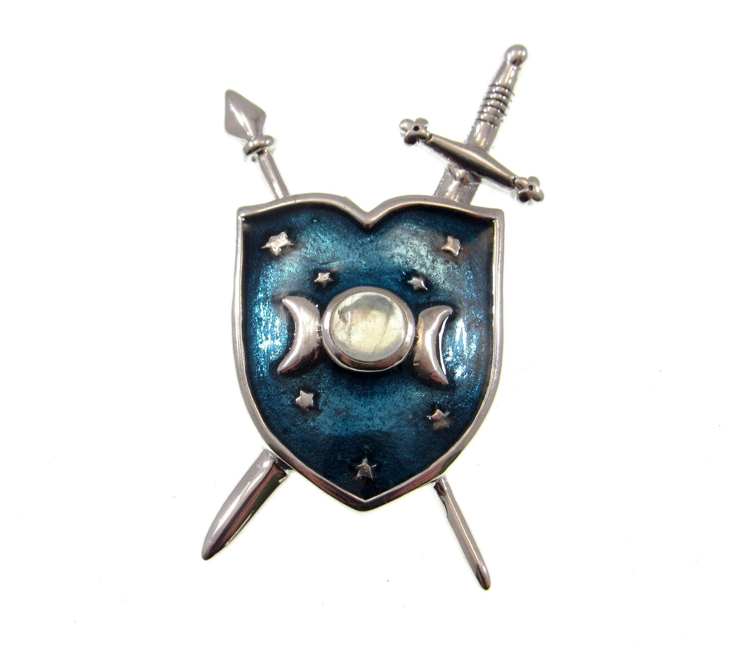 Solid 925 Sterling Silver Shield of the Triple Moon & Swords Pendant, Choose Gemstone: Amethyst or Rainbow Moonstone