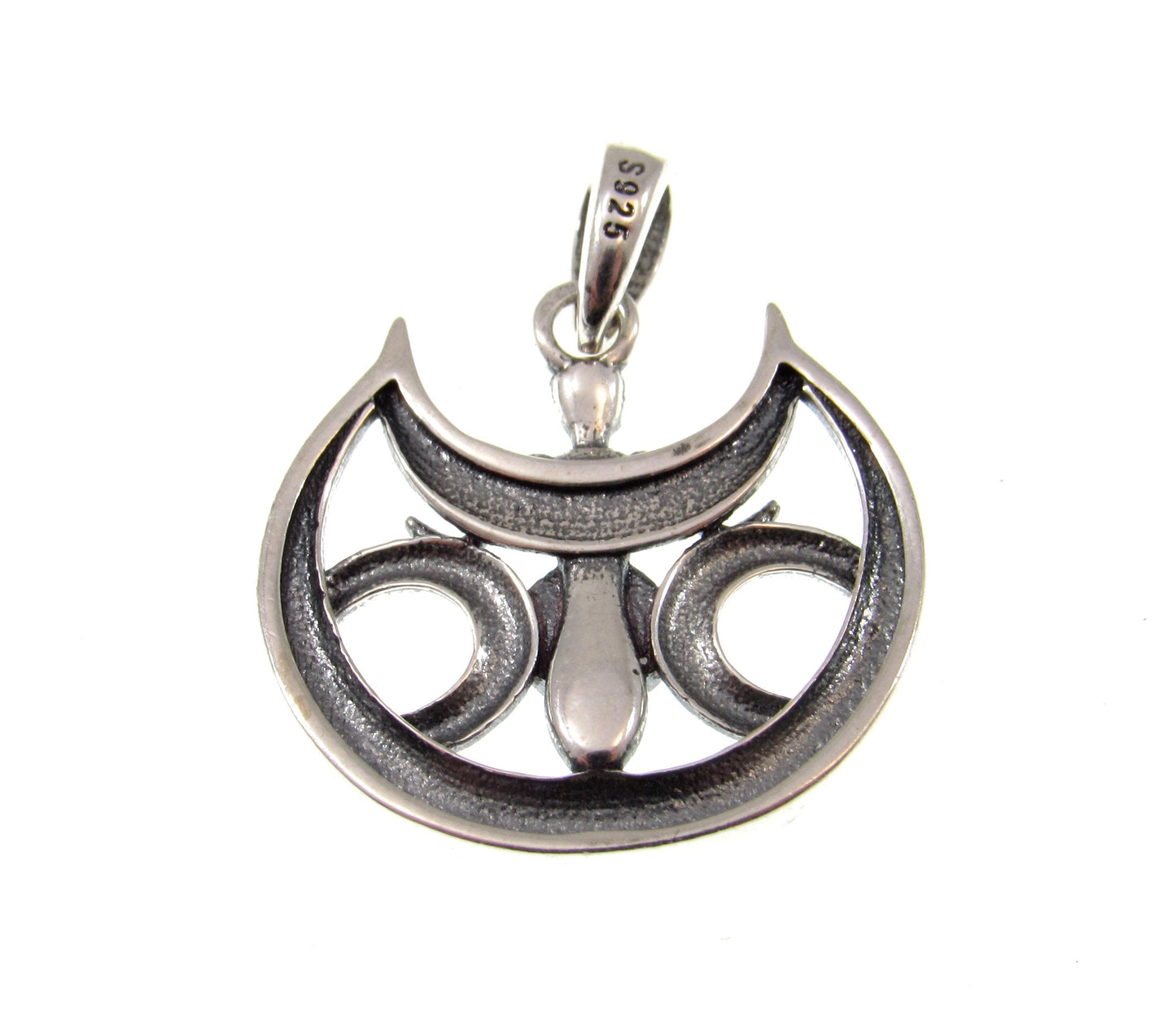 Solid 925 Sterling Silver & Lab-Created Blue Opal Winged Triple Moon Goddess Pendant, Handcrafted Magical Celestial Charm