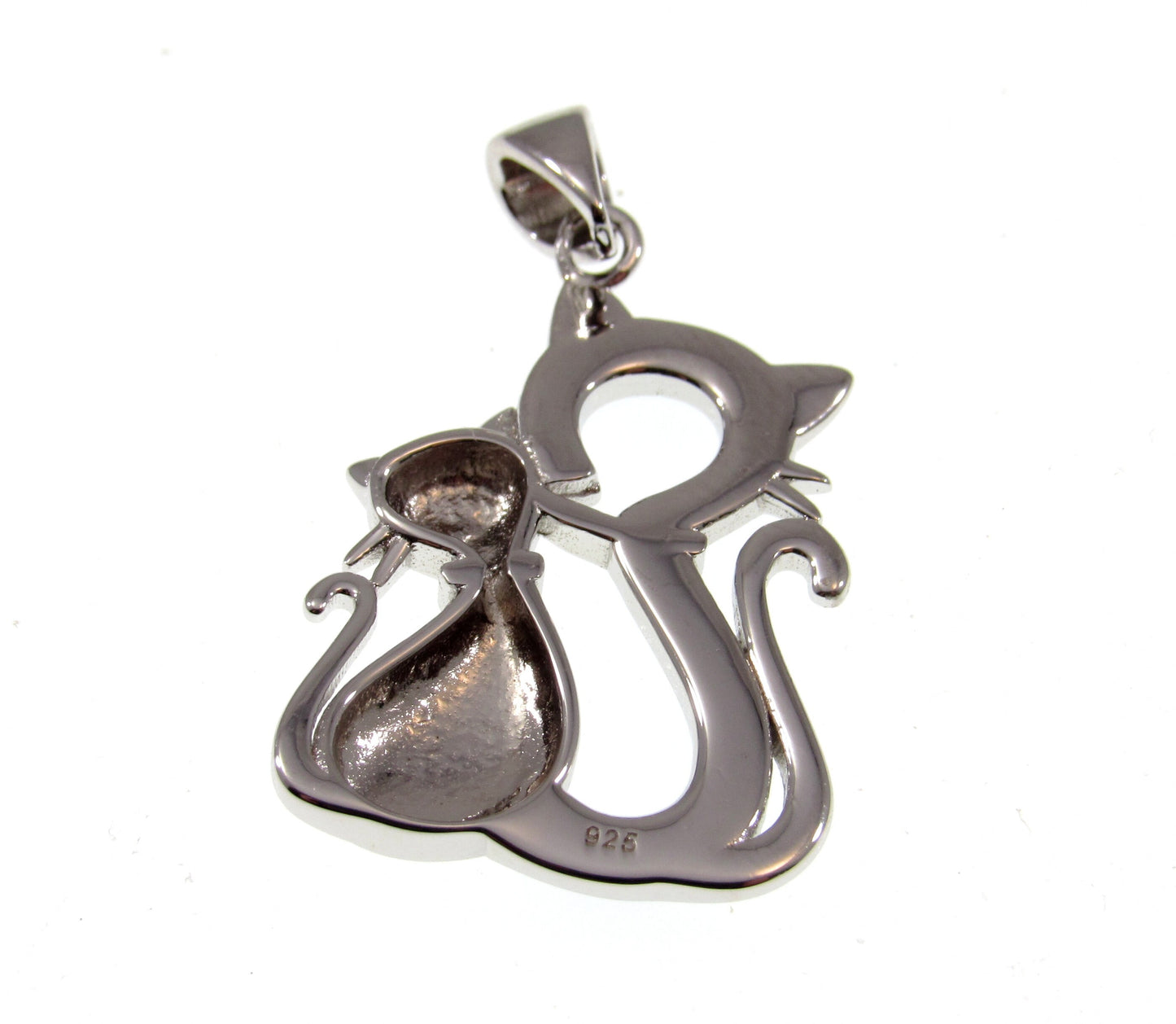 Solid 925 Sterling Silver & Lab-Created Blue or White Fire Opal Twin Cats Pendant, Handcrafted Feline Jewelry - Cat Lovers Necklace Charm