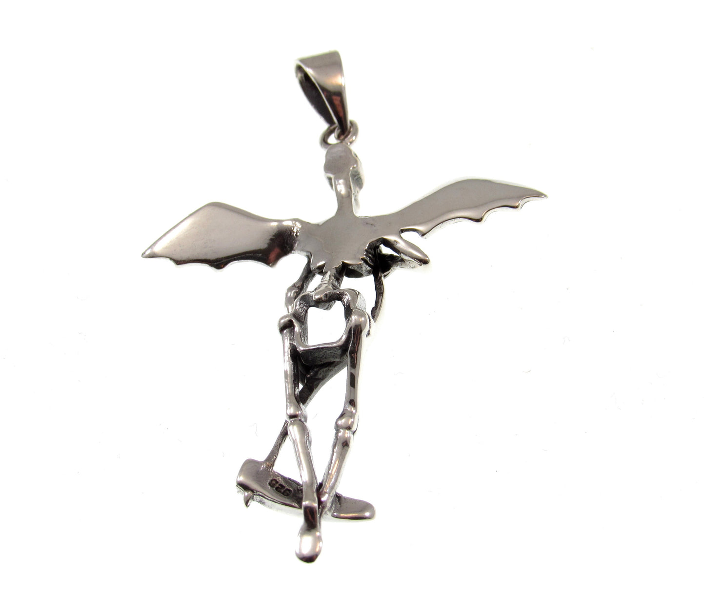 Solid 925 Sterling Silver Skeleton Wings Grim Reaper Pendant, Handcrafted Men's Biker / Punk / Rocker Jewelry