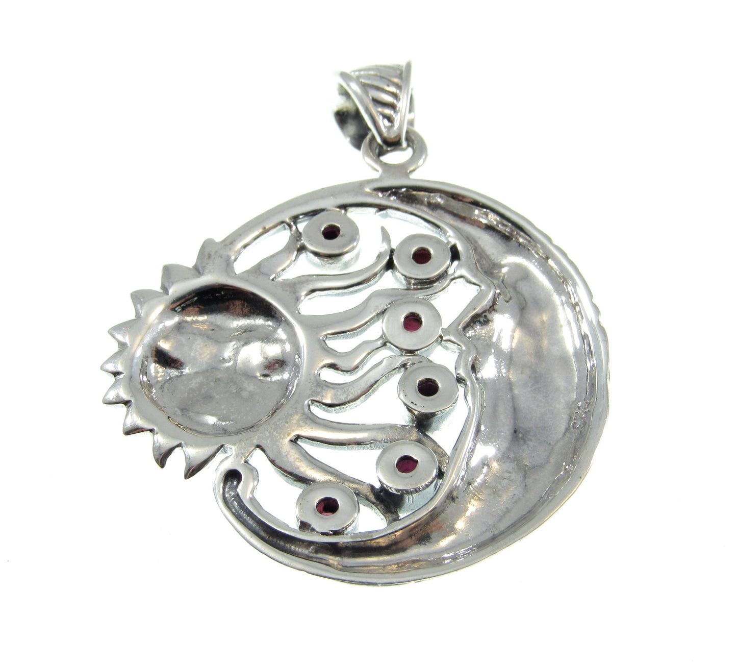 Solid 925 Sterling Silver & Garnet Gemstones Sun and Crescent Moon Faces Pendant, Handcrafted Cosmic Celestial Amulet