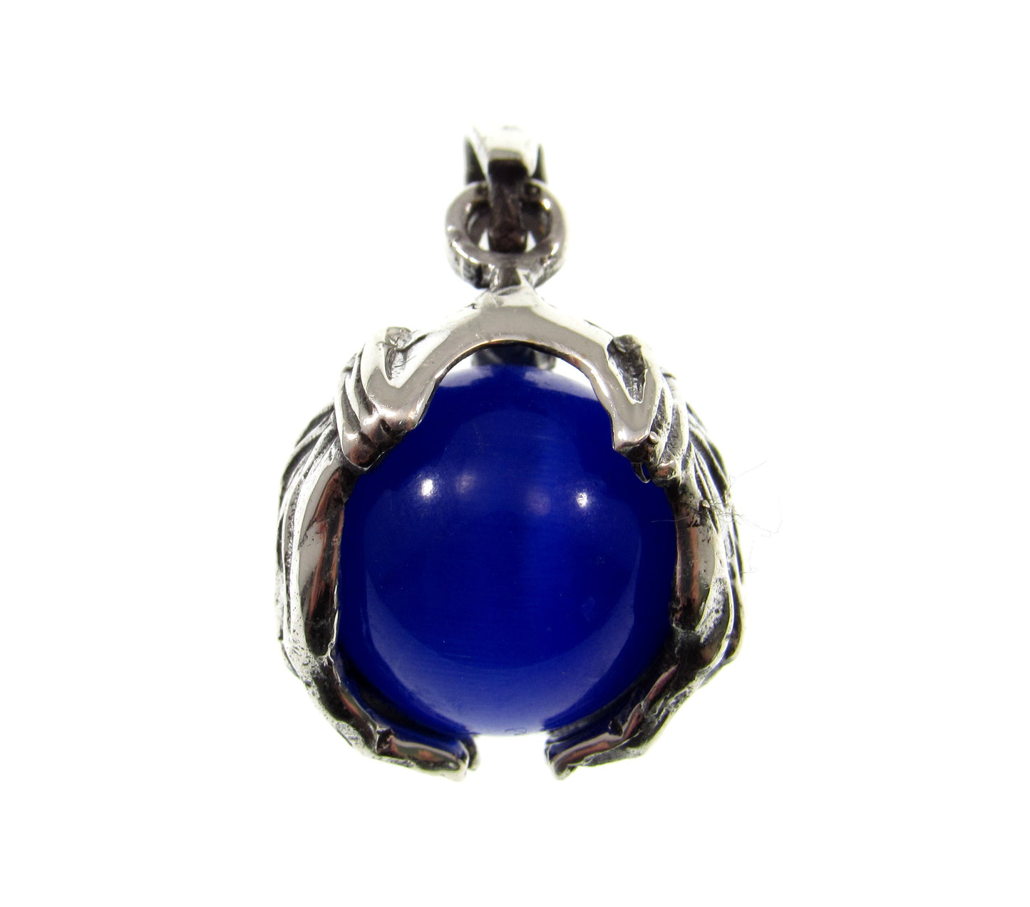 Solid 925 Sterling Silver Skull And Skeleton Hands Pendant, Blue Cat's Eye Quartz Gemstone Sphere, Necklace Pendant, Gothic Jewelry for Men