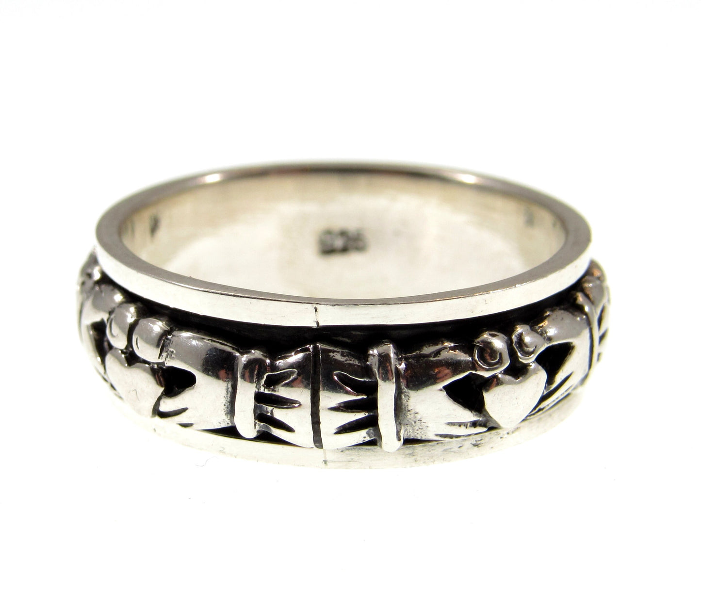 Solid 925 Sterling Silver Men's Celtic Claddagh Spin Band Ring, Handcrafted Irish Heart & Hands Fidget Pendant on Nylon Cord, Sizes 10-14