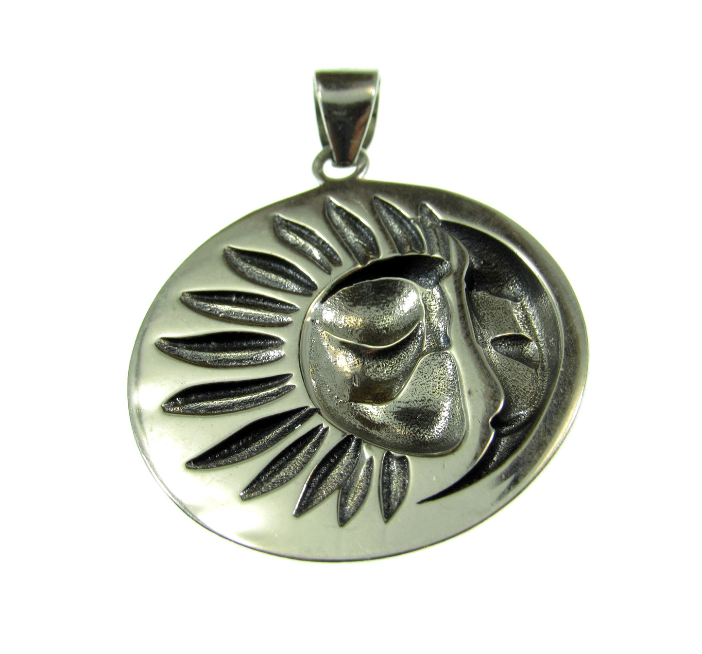 Solid 925 Sterling Silver Crescent Moon & Sun Rays with Faces Pendant - Celestial Jewelry Amulet - Cosmic Necklace Charm