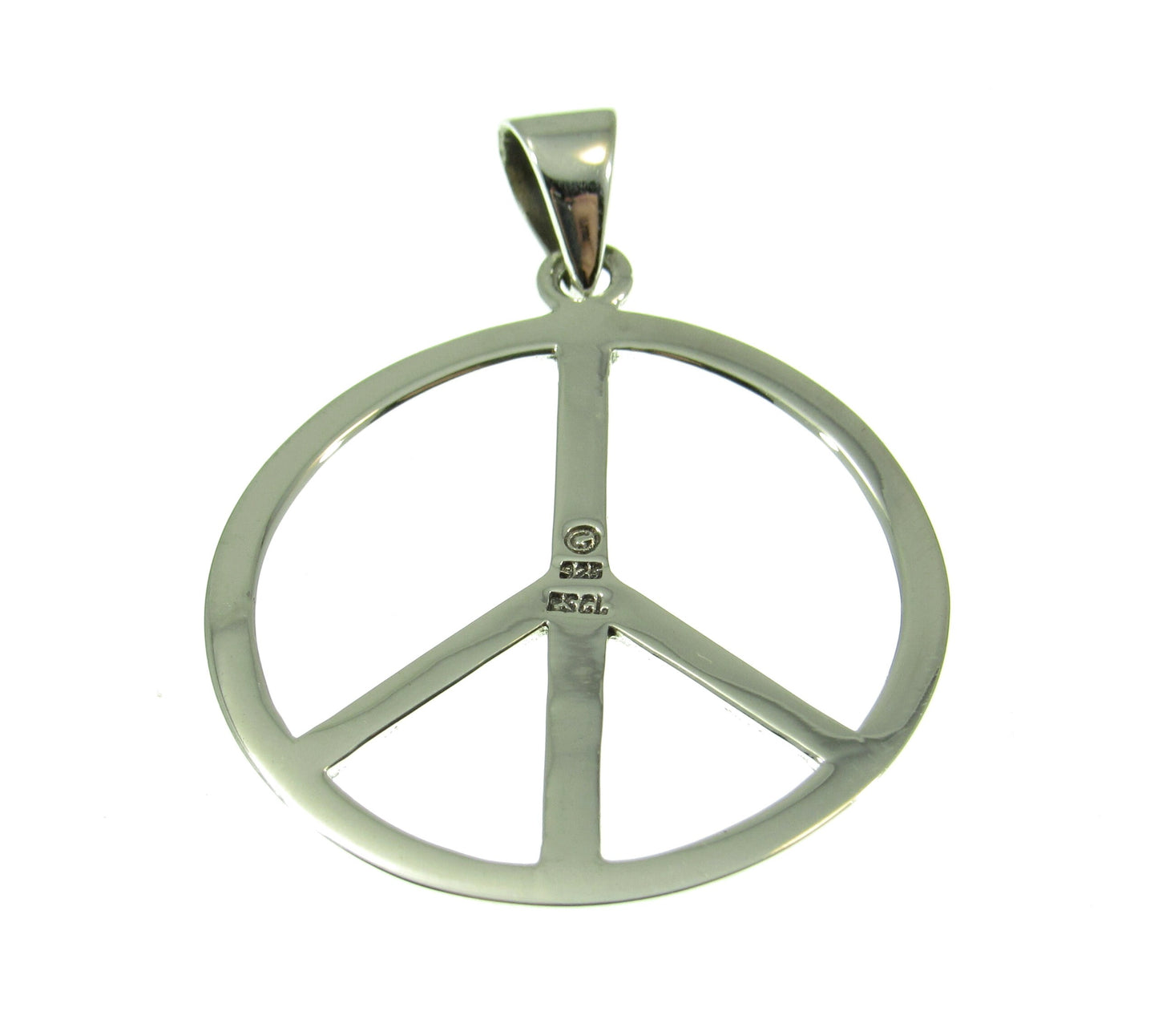 The solid sterling silver peace sign pendant is signed PSCL (Peter Stone hallmark), quality stamped 925 for purity, and weighs 3 grams