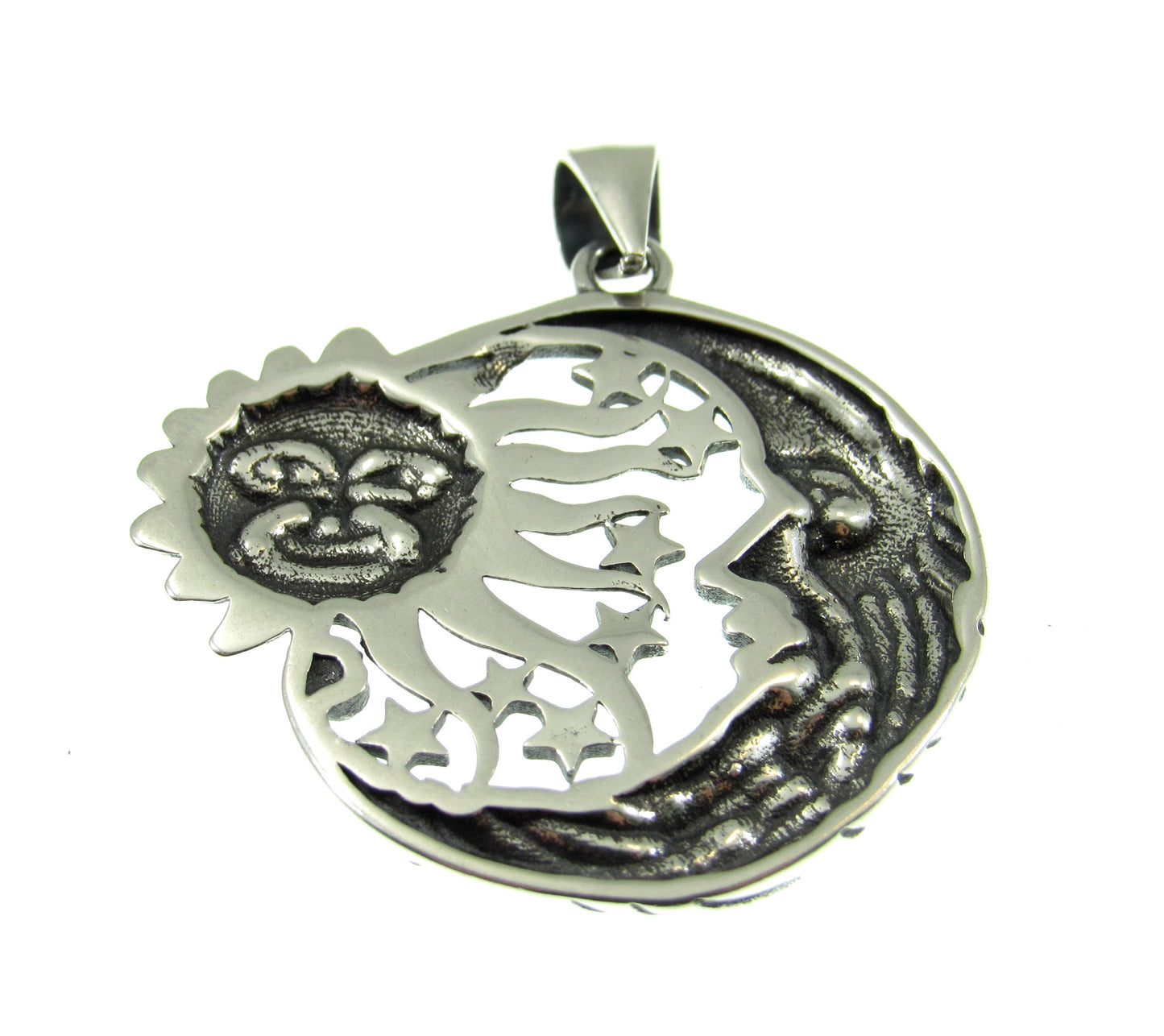 Solid 925 Sterling Silver Sun & Moon Pendant with Stars – Handcrafted Celestial Jewelry – Astrology Charm – Cosmic Sun Face Necklace Pendant